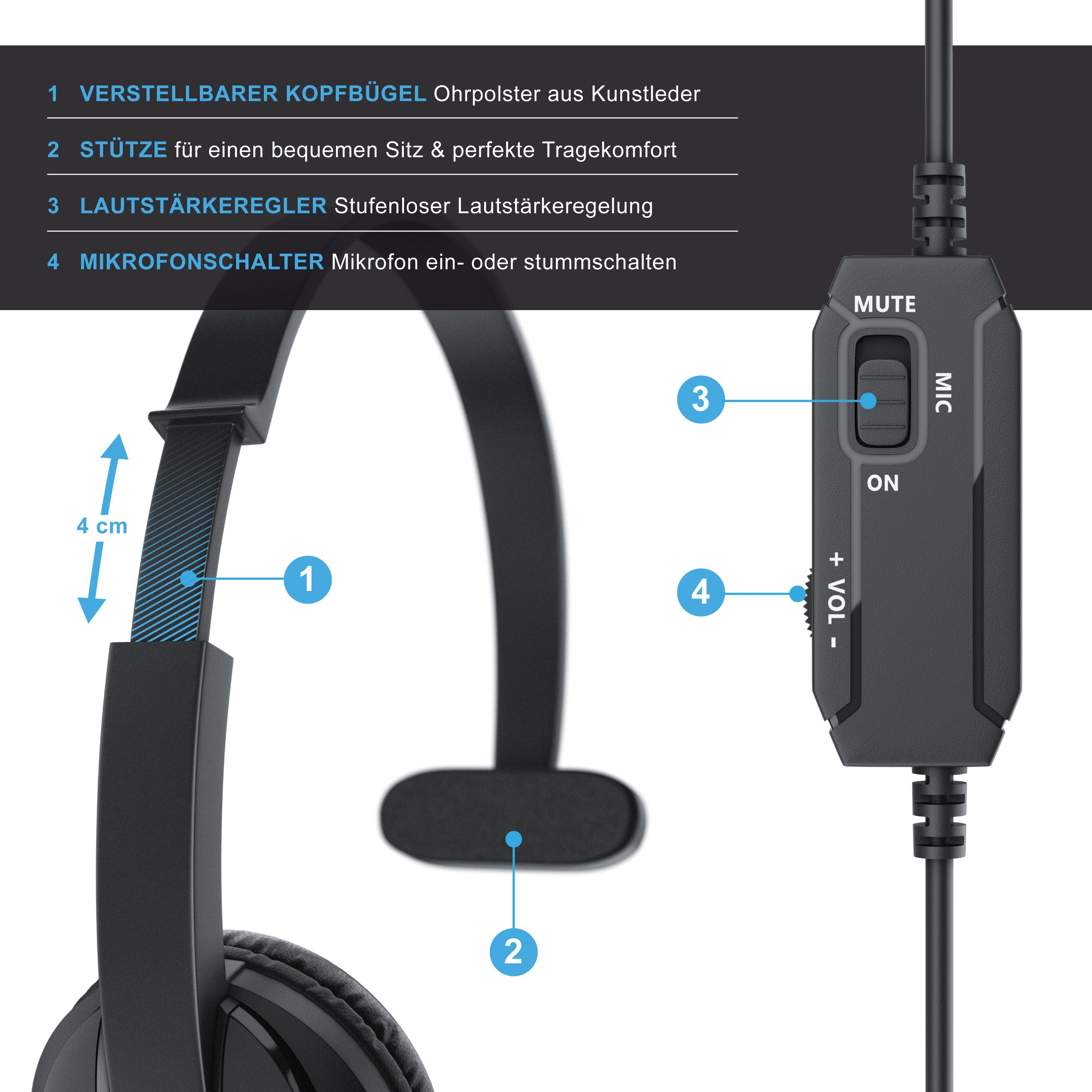 CSL Headset (Beweglicher Mikrofonarm; freisprechen; Chat Callcenter; Auto LKW; PC; Smartphone; PS4; PS5, Mikrofon, PC Office Kopfhörer, 3,5 mm Klinke, große Ohrpolster)