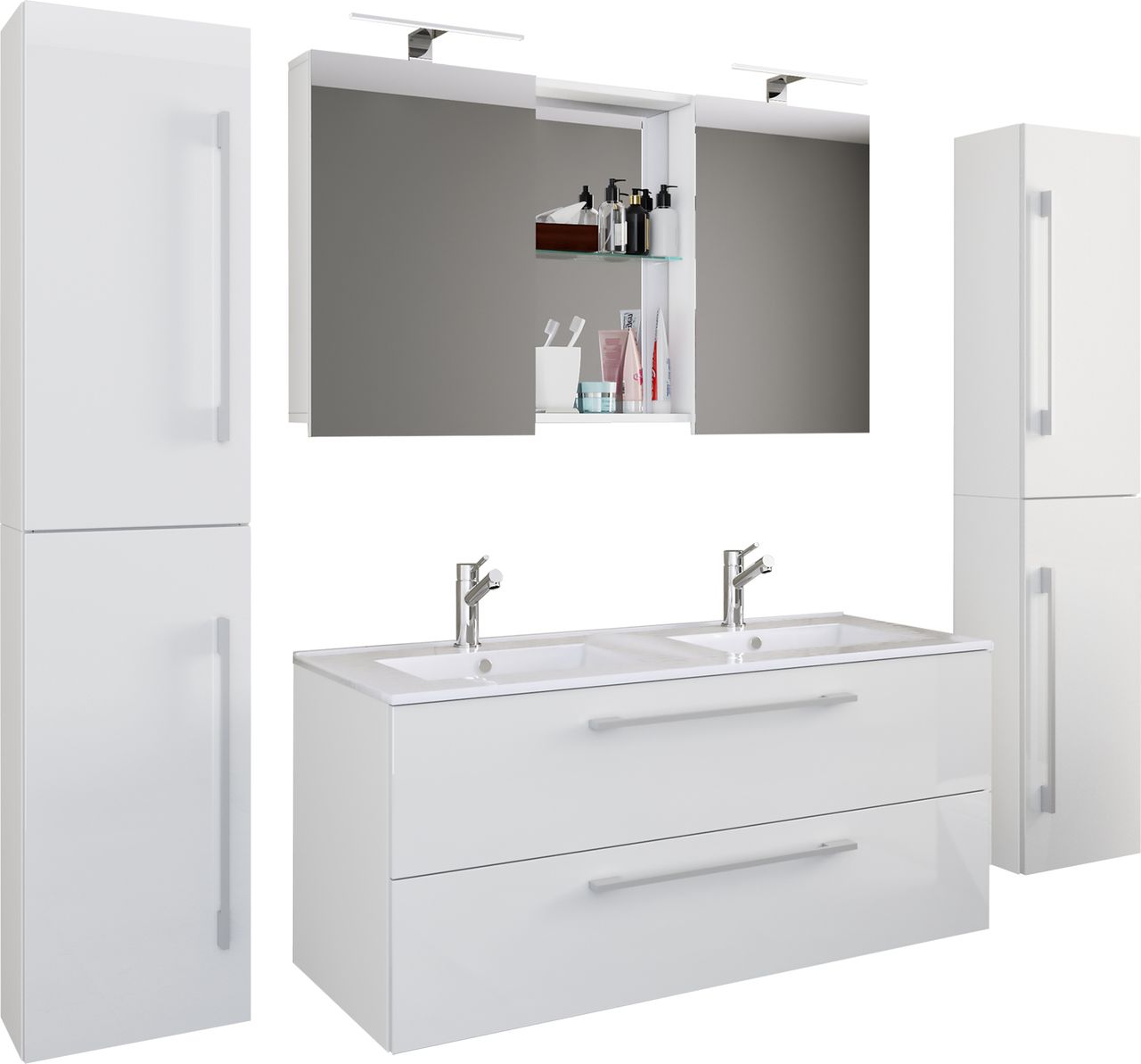 VCM 5-tlg. Waschplatz Budasi Spiegelschrank mit 2 Hochschränken Weiß