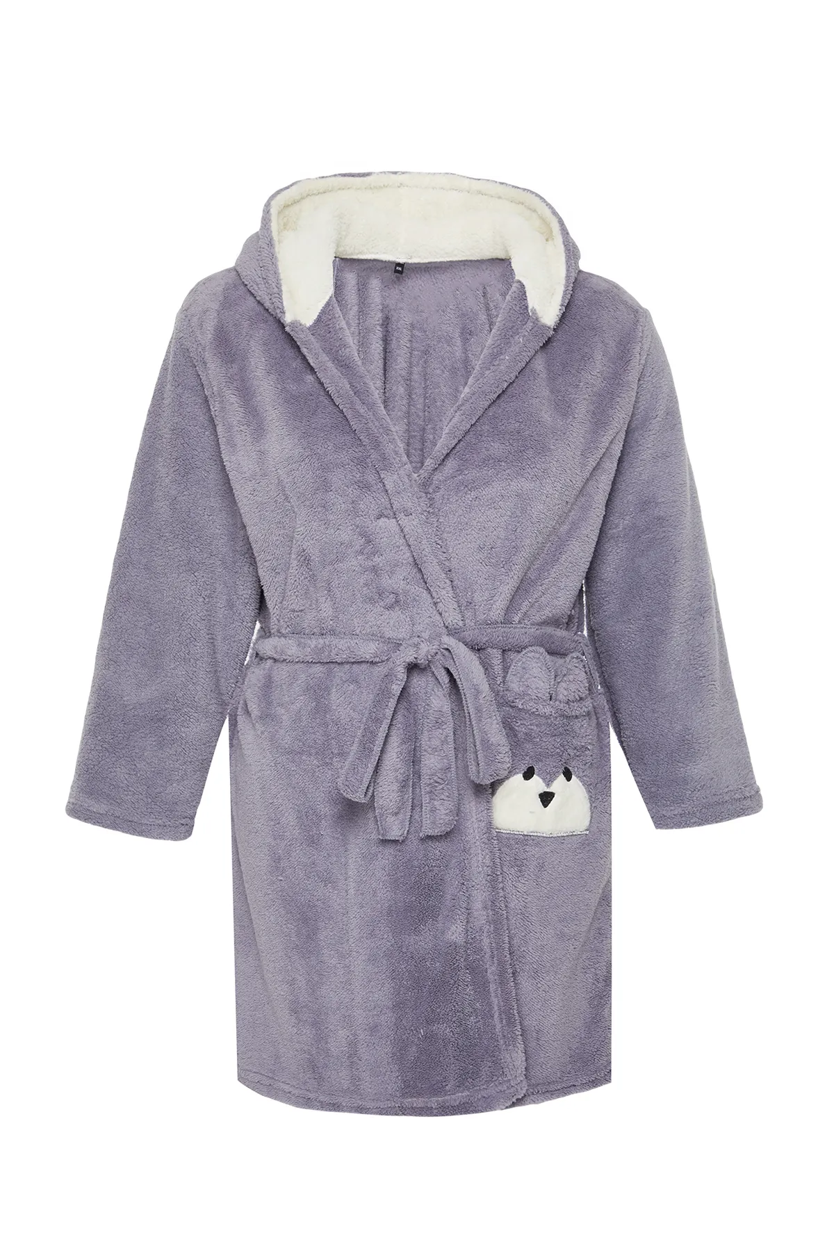 Trendyol Curve  Grauer Wellsoft-Strick-Bademantel mit Tierfiguren und Taschen TBBAW24SB00013