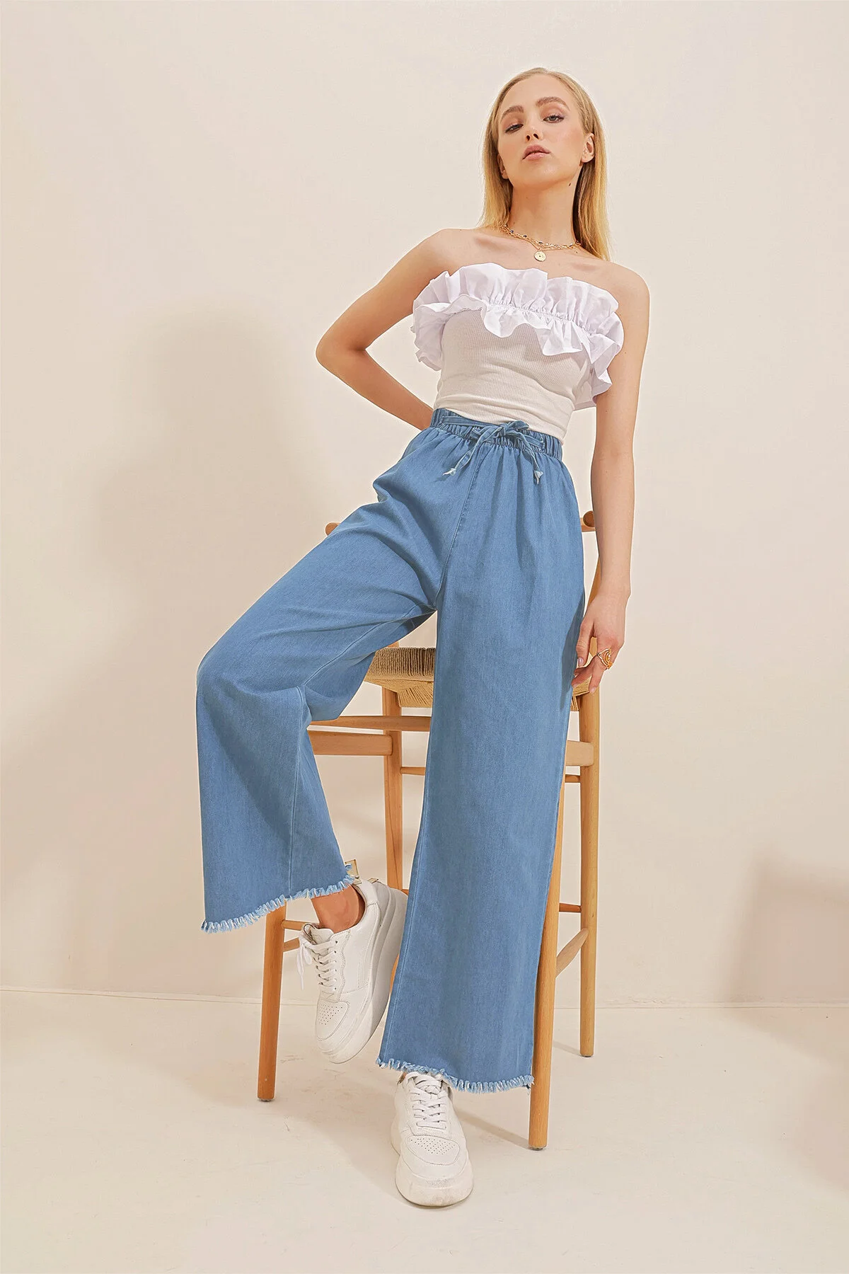 Trend Alaçatı Stili  Dunkelblaue Palazzo-Jeanshose mit hoher Taille und Quasten für Damen ALC-X8930