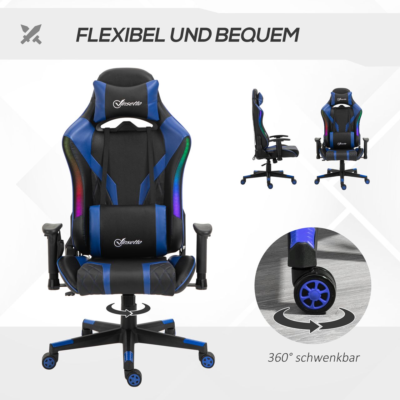 Vinsetto Bürostuhl LED Gaming Stuhl ergonomischer Drehstuhl mit Liegefunktion Handlauf anhebbar Schaumstoff Kunstleder Nylon Schwarz Blau 70 x 57,5 x 126-136 cm