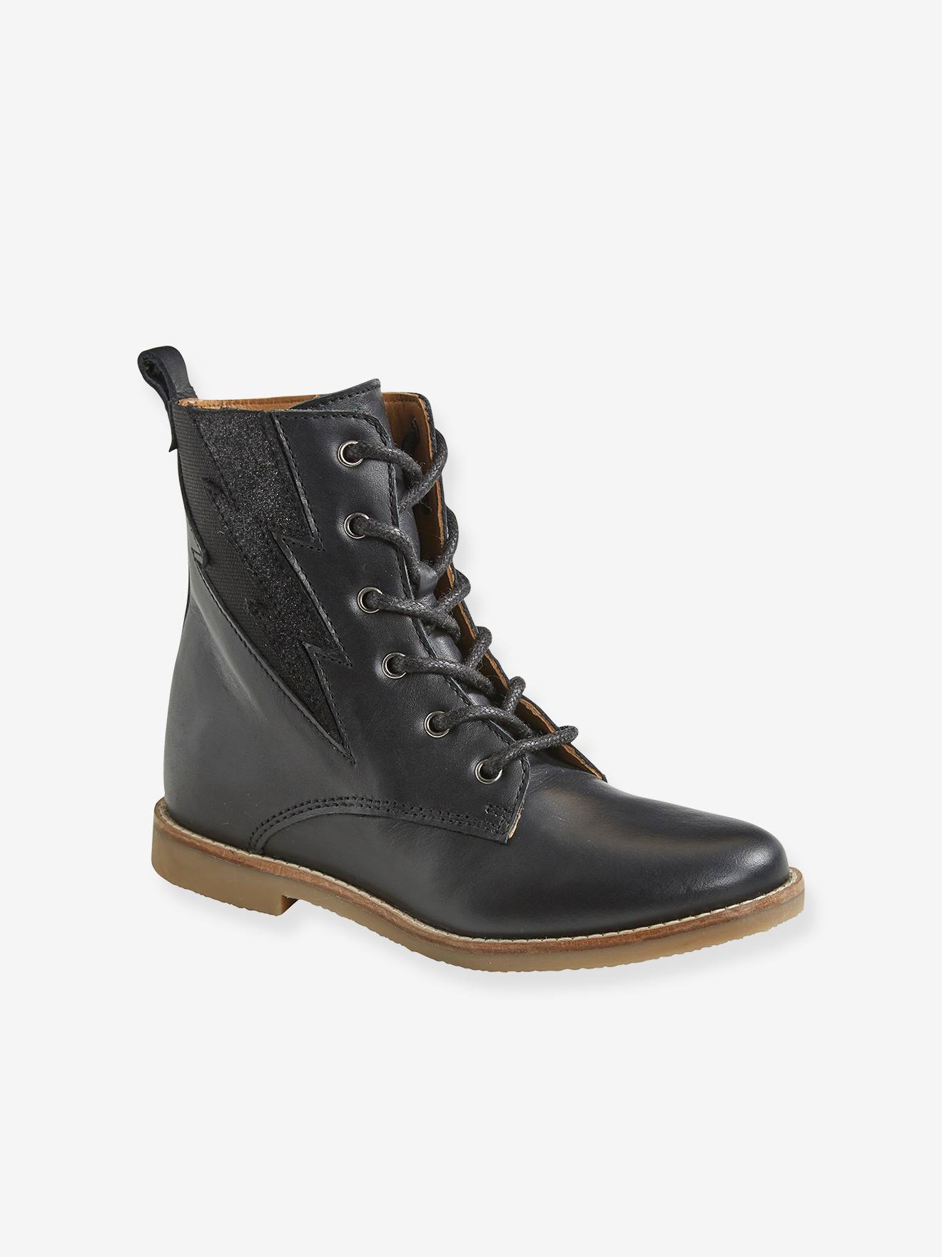 Bottines hautes lacées et zippées en cuir fille noir