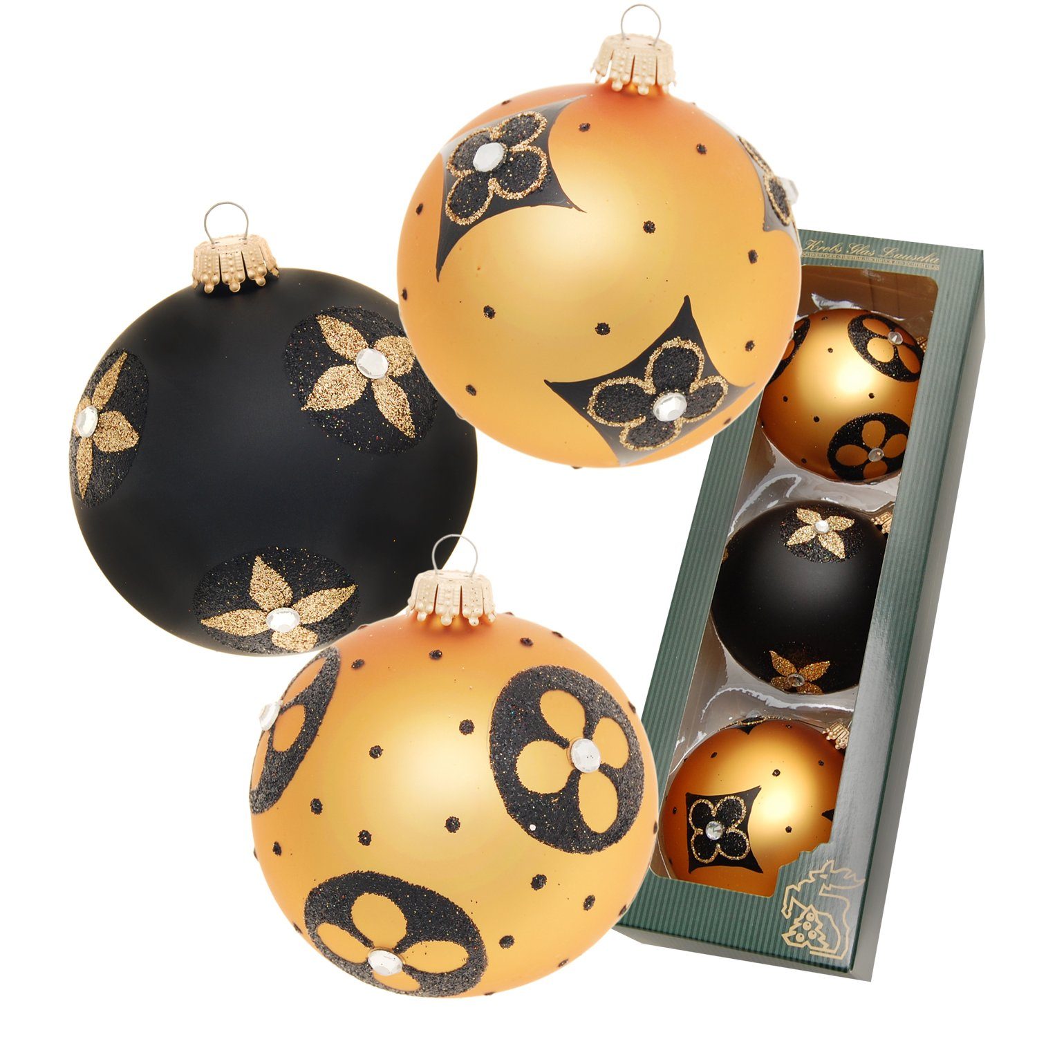 Krebs Glas Lauscha Christbaumschmuck Gold & Schwarz, 3-er Set, stilisierte Blumen, Strasssteine, 8cm