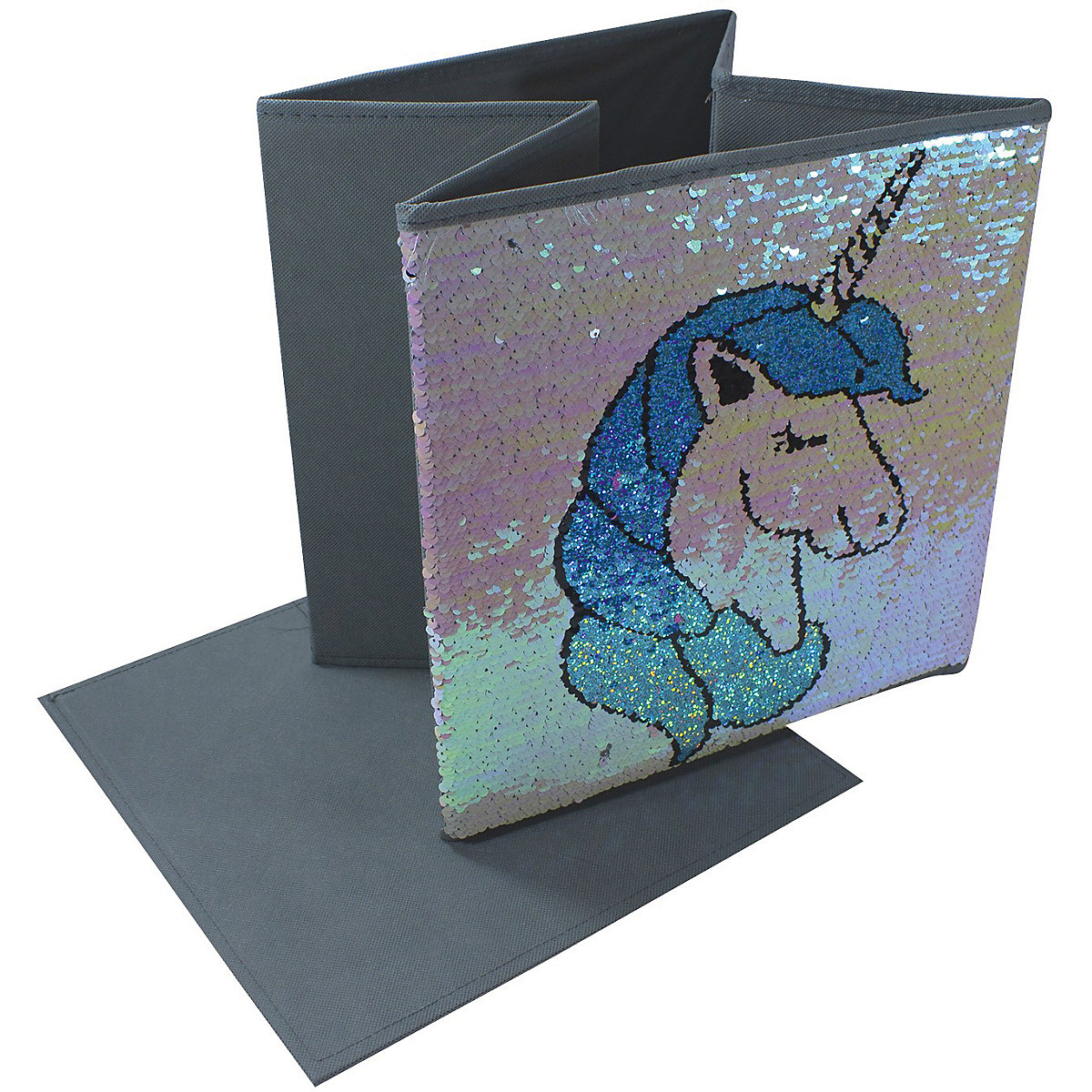Aufbewahrungsbox Streichpailletten Einhorn rosa/blau, ohne Deckel, 32 x 32 x 32 cm