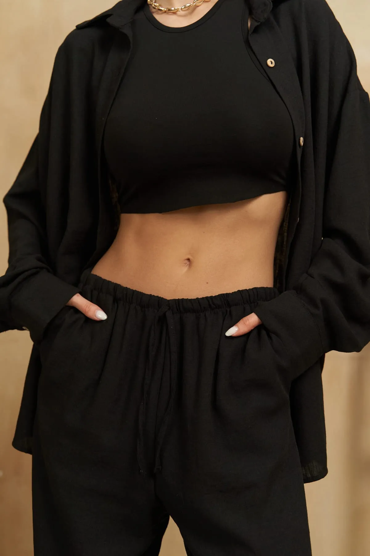 BOHEMAİ  Pedasa – Schwarzes Hemd- und Hosen-Set