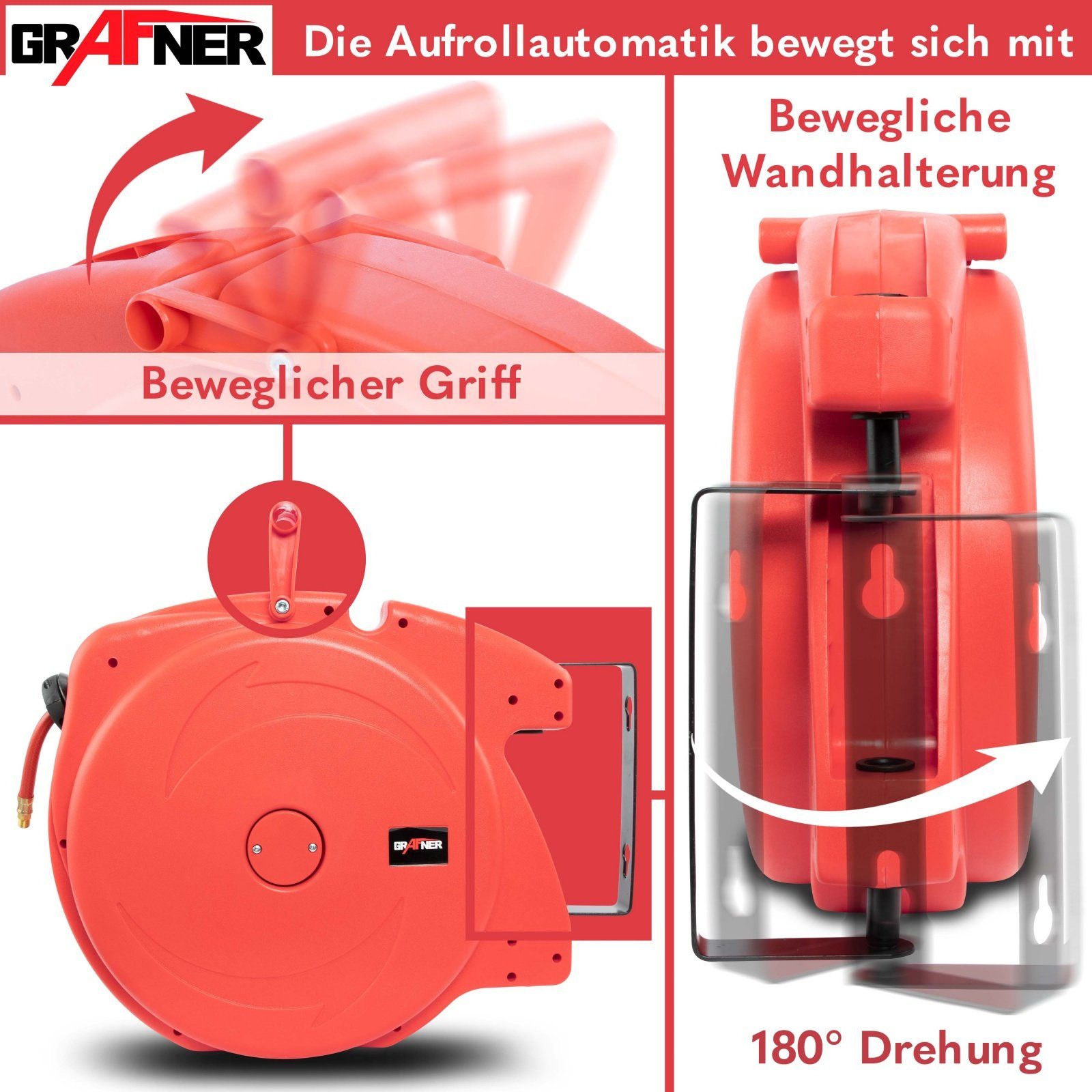 Grafner Schlauchtrommel Automatik Schlauchtrommel 20m Druckluft Schlauch Aufroller AS10932, (Set, Komplett), 1/4 Schnellkupplung, 20m Schlauch