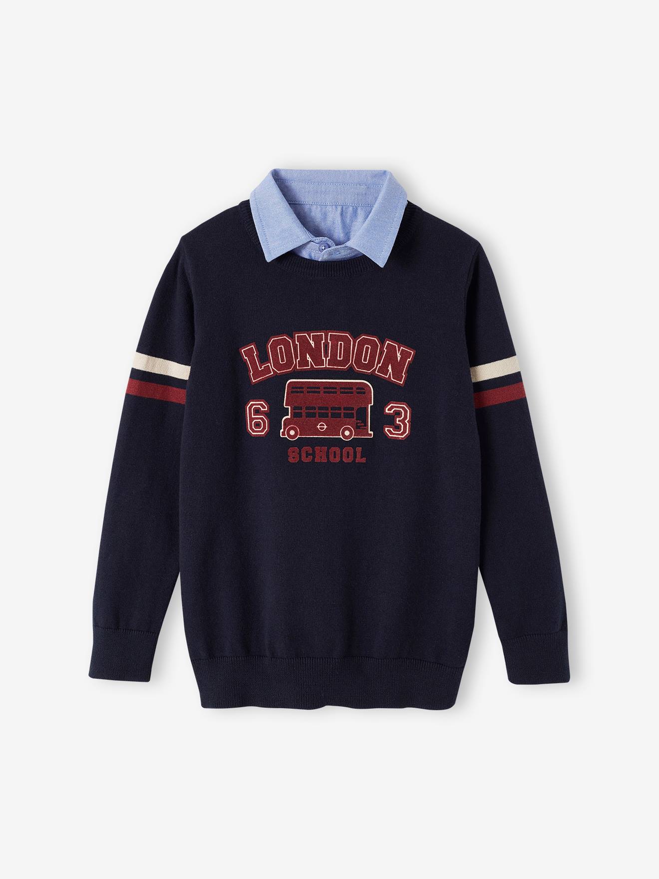 Pull col chemise en chambray London garçon encre