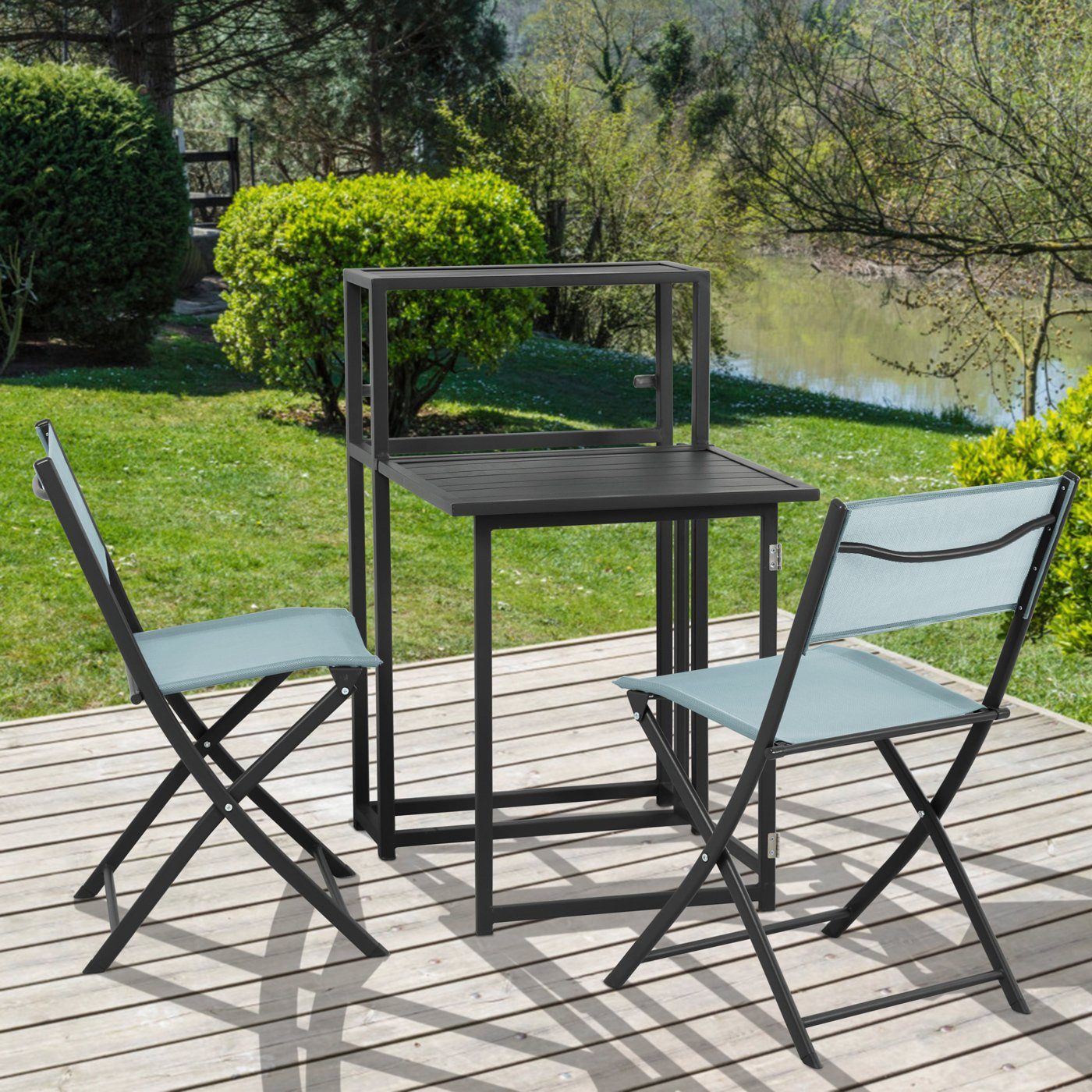 SVITA Balkonset Balkon-Set, (Platzsparendes Set, Ausklappbarer Tisch mit 2 Stühlen und ein Regal zum Verstauen), Tisch und Stühle platzsparend verstaubar