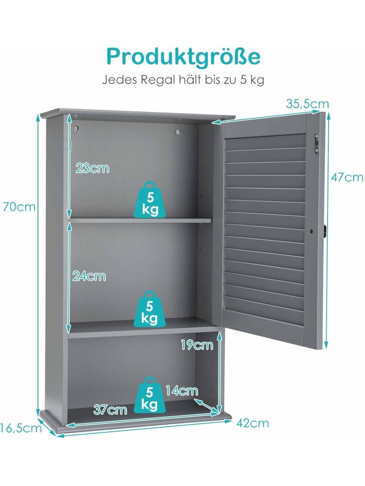 COSTWAY Badezimmerschrank hängend in Grau günstig kaufen 70 cm