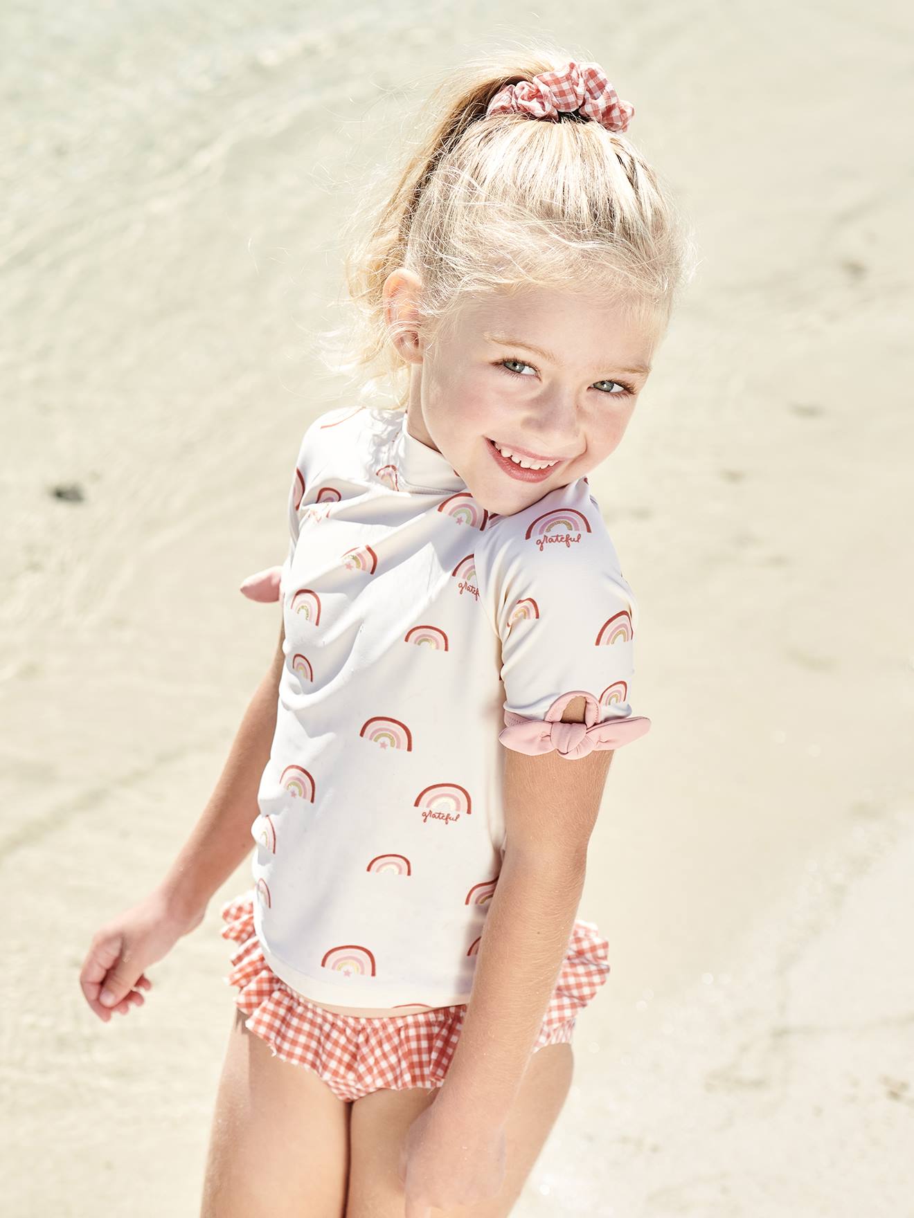 Vertbaudet Mädchen-Set: Bade-Shirt & Bikinislip mit UV-Schutz - wollweiß bedruckt