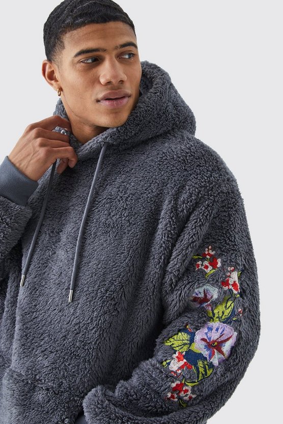 Floraler Oversize Borg-Trainingsanzug mit Kapuze und Stickerei