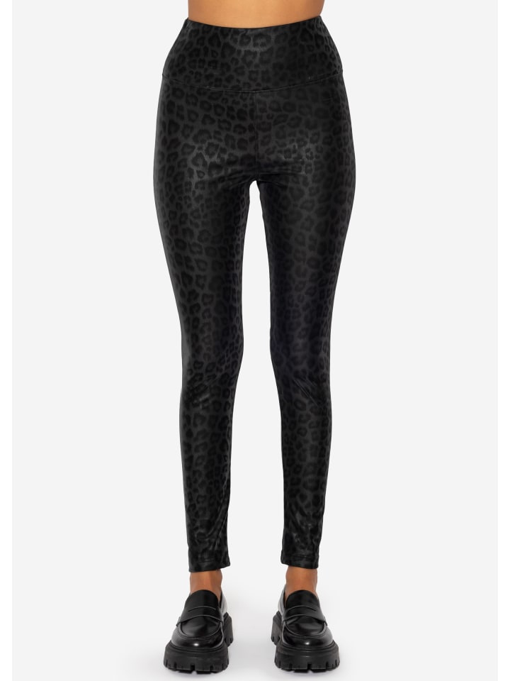SASSYCLASSY Thermo Leggings in Lederoptik mit Leo Print in Schwarz günstig kaufen