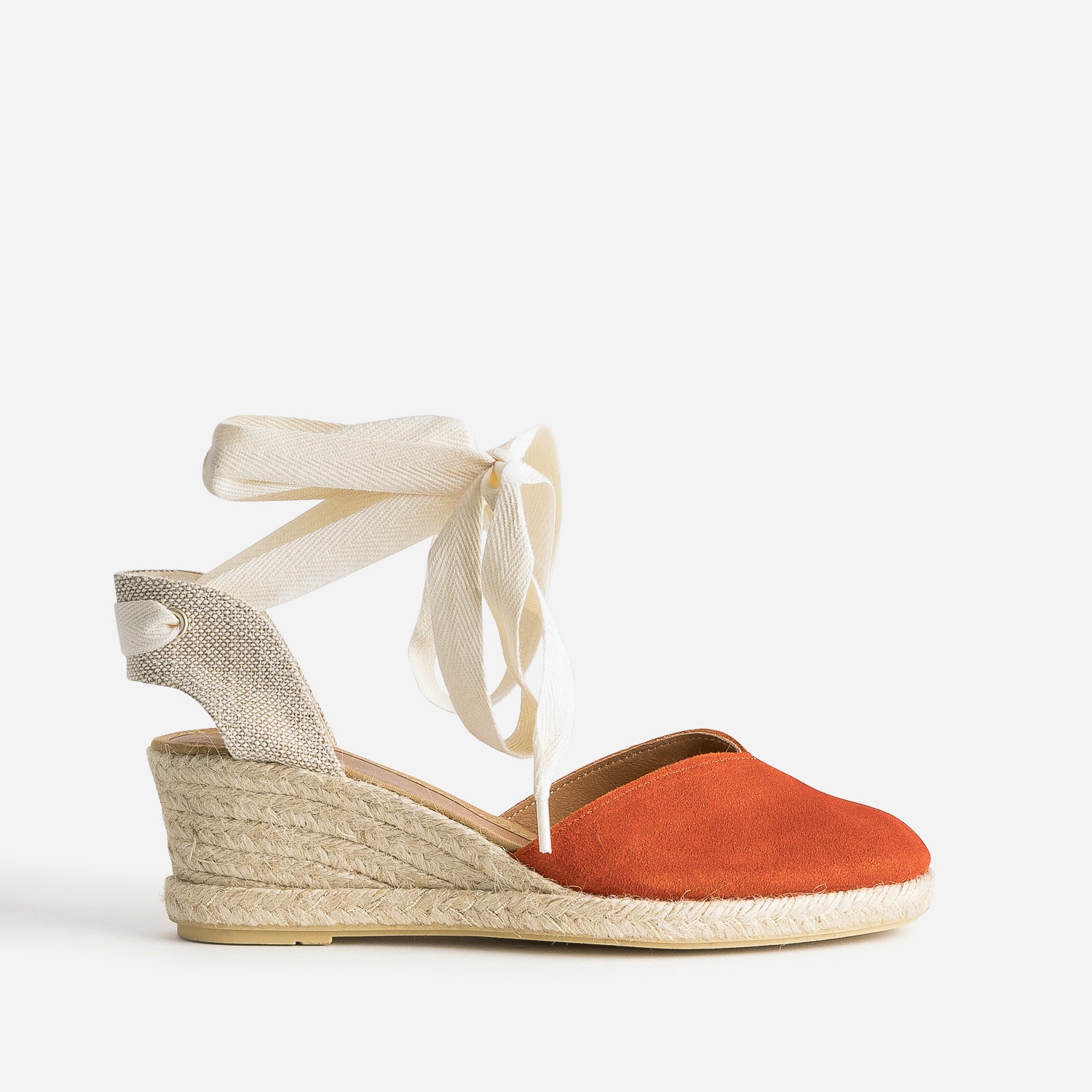 Espadrille compensée orange en cuir velours