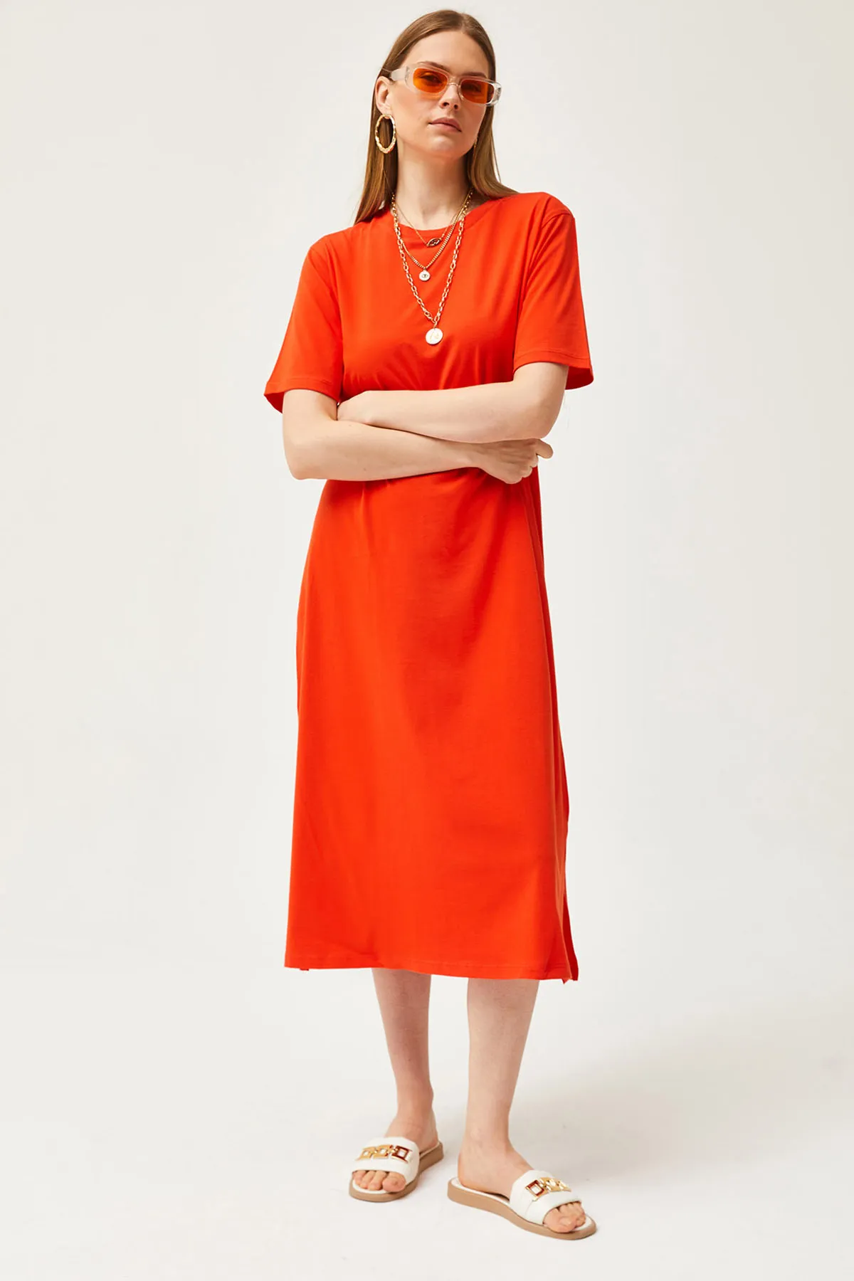 Olalook  Oranges Oversize-Baumwollkleid mit Seitenschlitz für Damen ELB-19001880