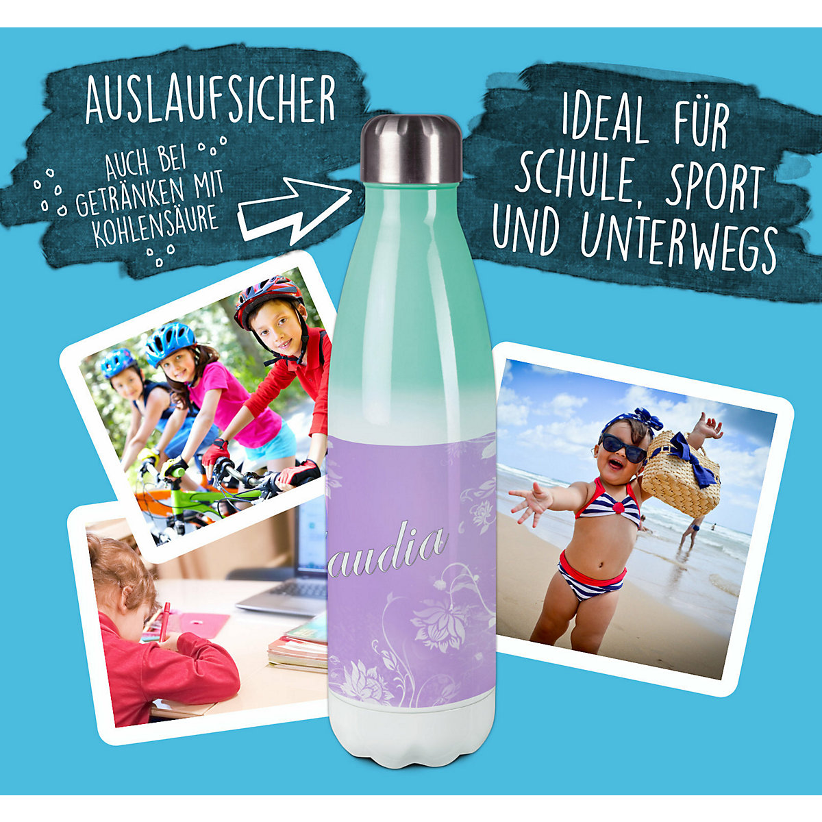 Edelstahl Kinder Thermoflasche / Trinkflasche bunt Blumenranke Farbe flieder Spülmaschinenfest, Auslaufsicher, Bruchfest, Doppelwandig, Für Heißgetränke geeignet, Mit Deckel, Isoliert