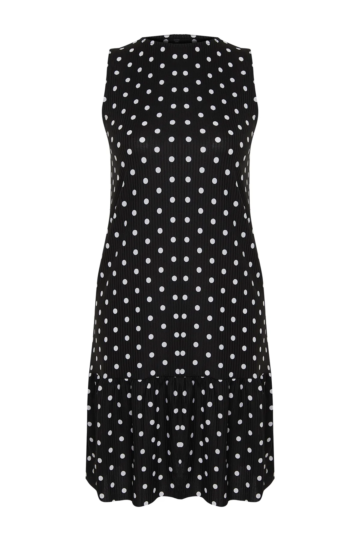 Trendyol Curve  Schwarzes, gepunktetes, ärmelloses, gerade geschnittenes Mini-Stretch-Strickkleid mit Volants TBSSS24AH00131