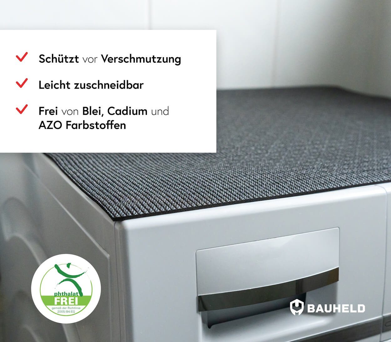 BAUHELD Antirutschmatte Waschmaschine [Made in Germany], 60x60 cm, Waschmaschinenauflage mit Vinyl-Beschichtung, Als Waschmaschinenbezug, Waschmaschinenabdeckung, Auch für Trockner