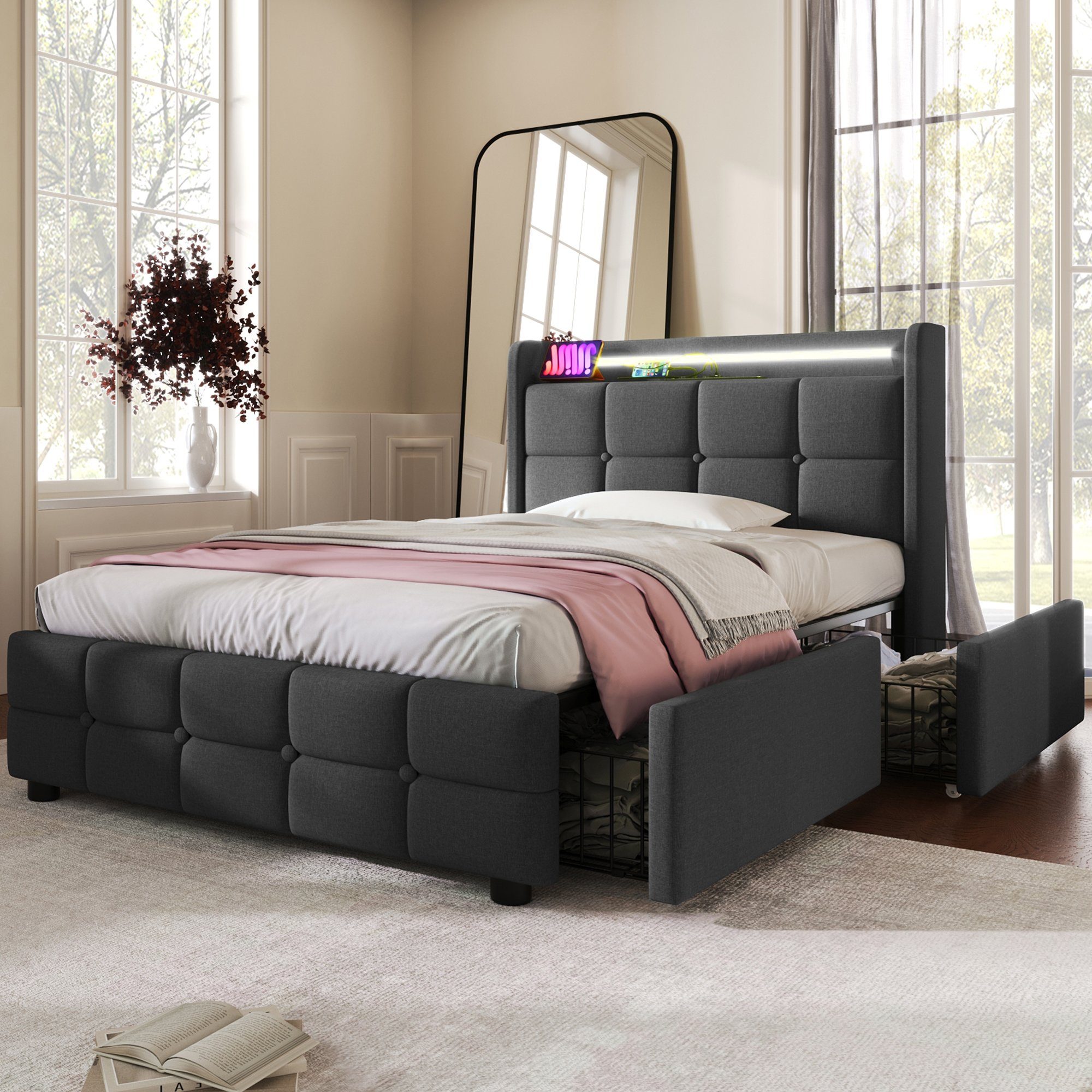 Flieks Polsterbett, LED-Beleuchtung Einzelbett 90x200cm mit Ladefunktion und 2 Schubladen