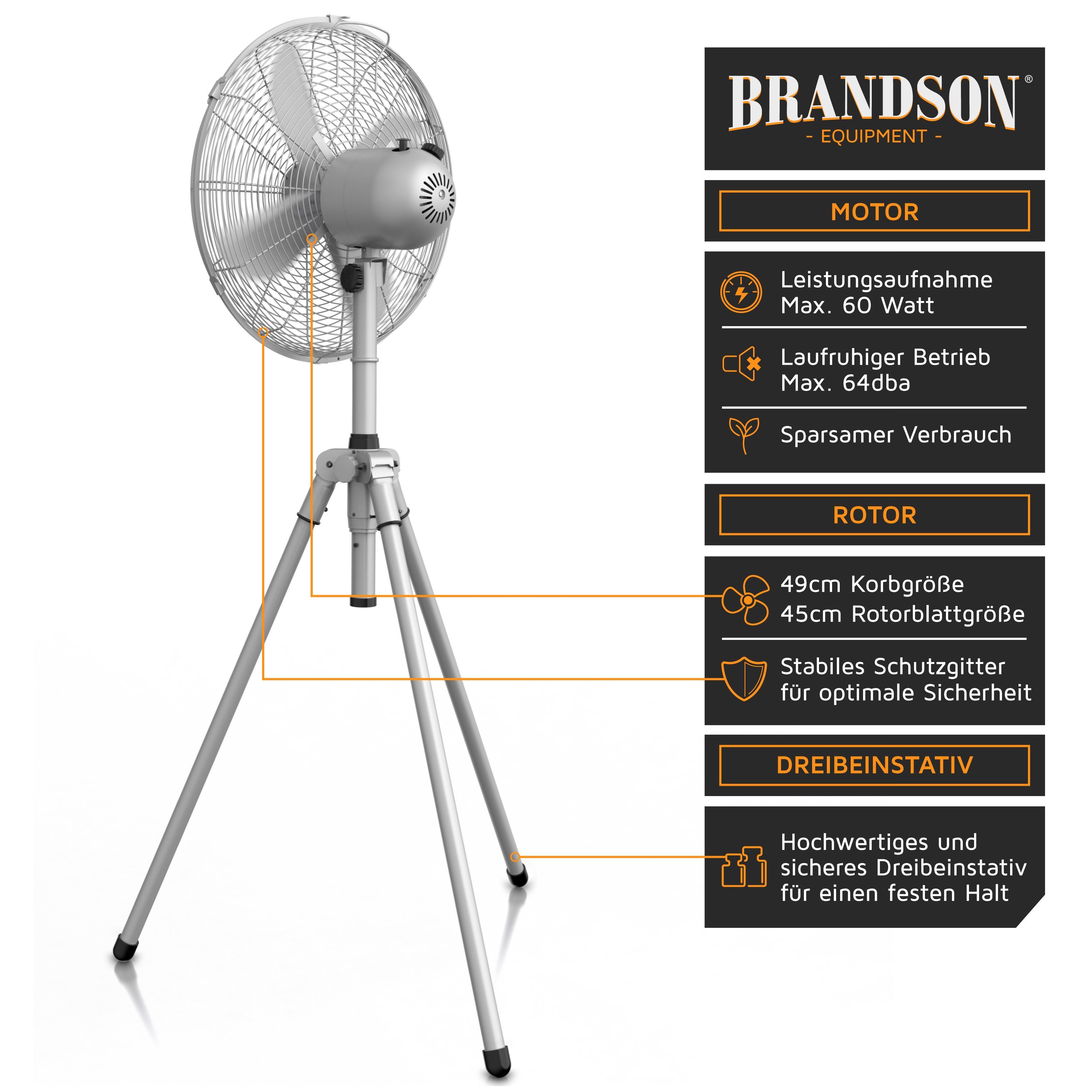 Brandson Standventilator, 49 cm Durchmesser, 60W Lüfter, Dreibeinstativ, Metallgehäuse, Tripod Ventilator, Silber