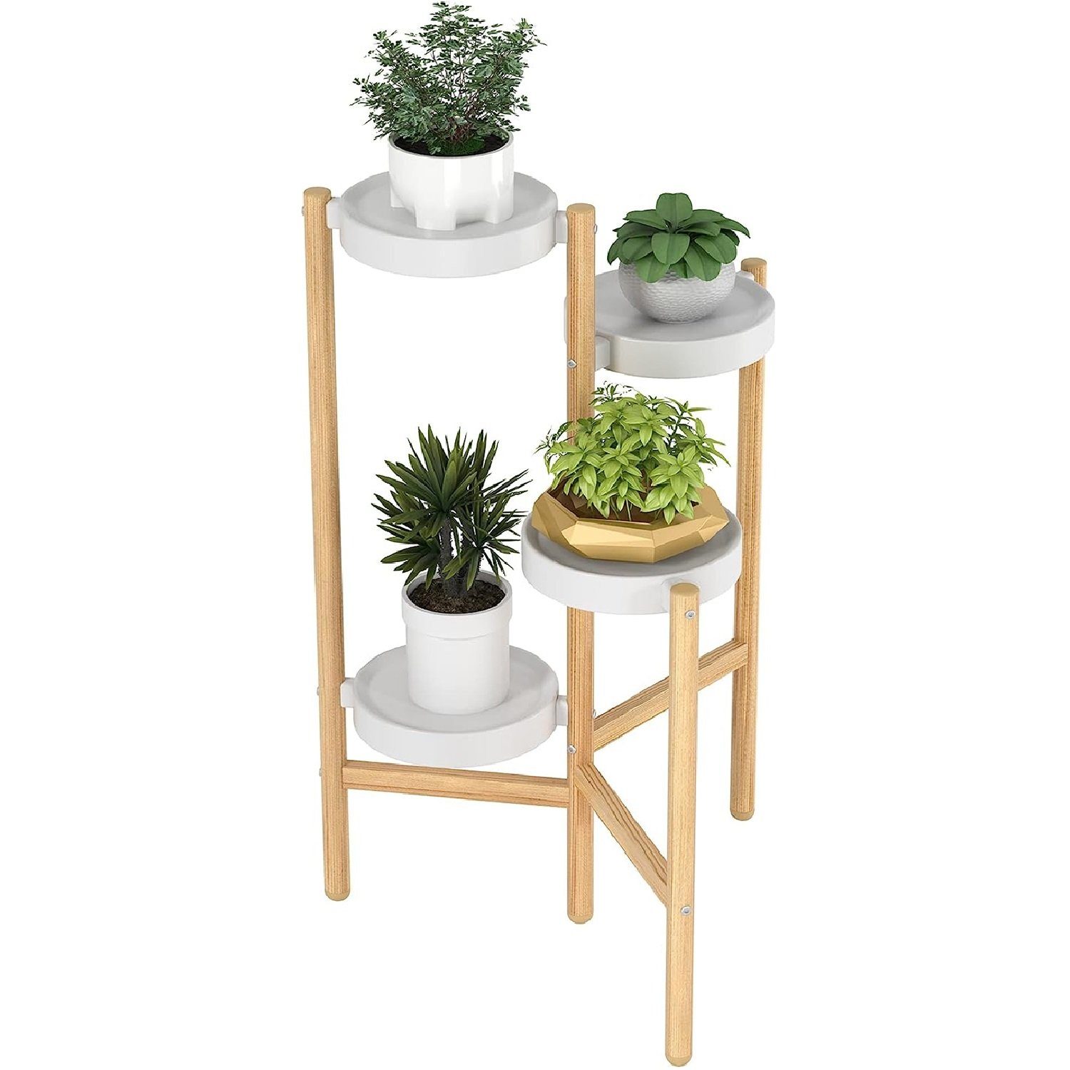 Kpaloft Blumenständer Holz 4 Ebenen Pflanzenregal rund, 78cm Höhe, 18 cm breite PP-Schale, Blumenhocker für den Garten, Wohnzimmer, Schlafzimmer, Terrasse