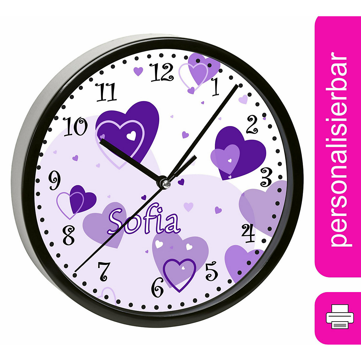 Kinder Wanduhr laufruhig personalisiert mit Name Herz Lila