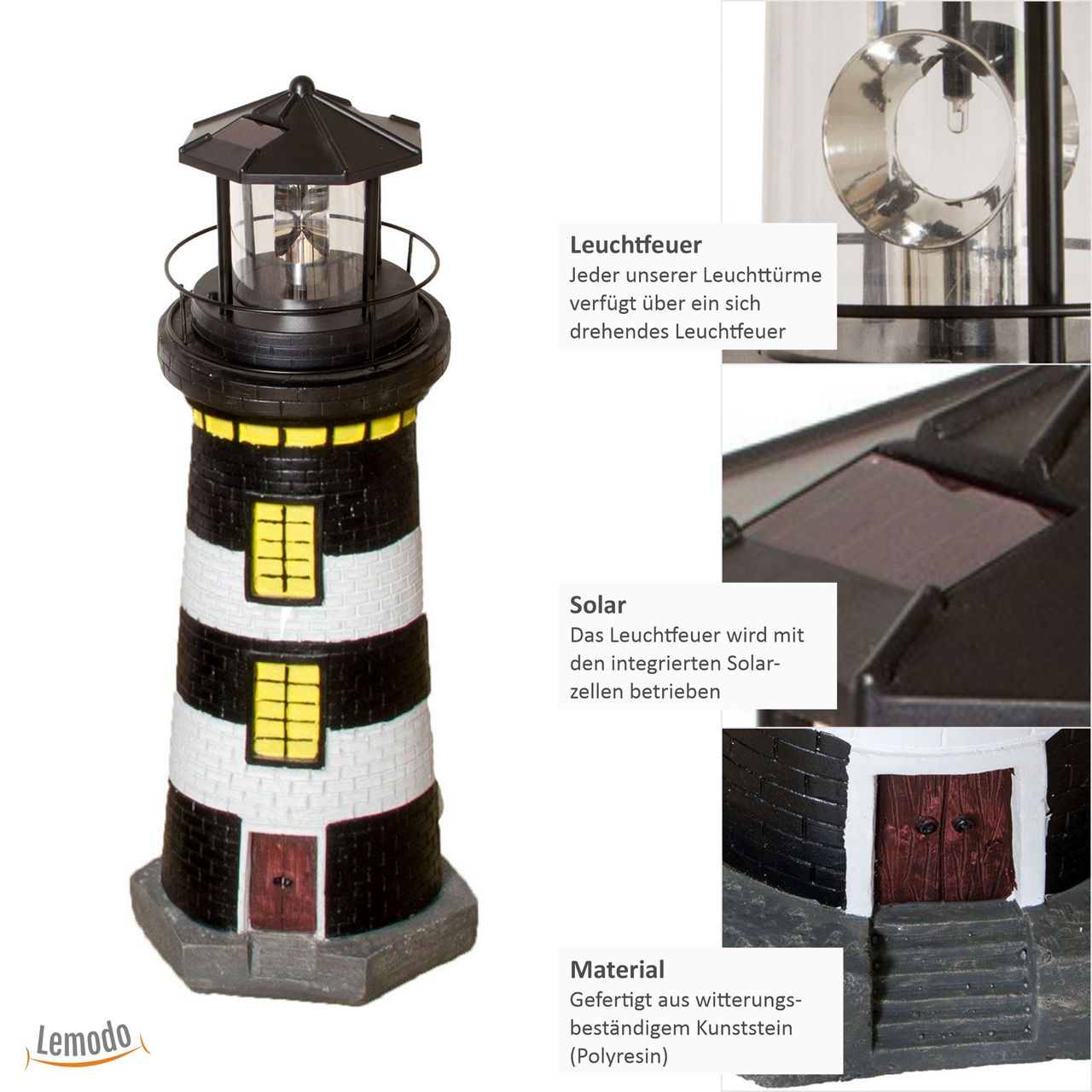Lemodo Gartendeko Leuchtturm mit Solar schwarz/weiß, handbemalte Gartenfigur 37 cm hoch