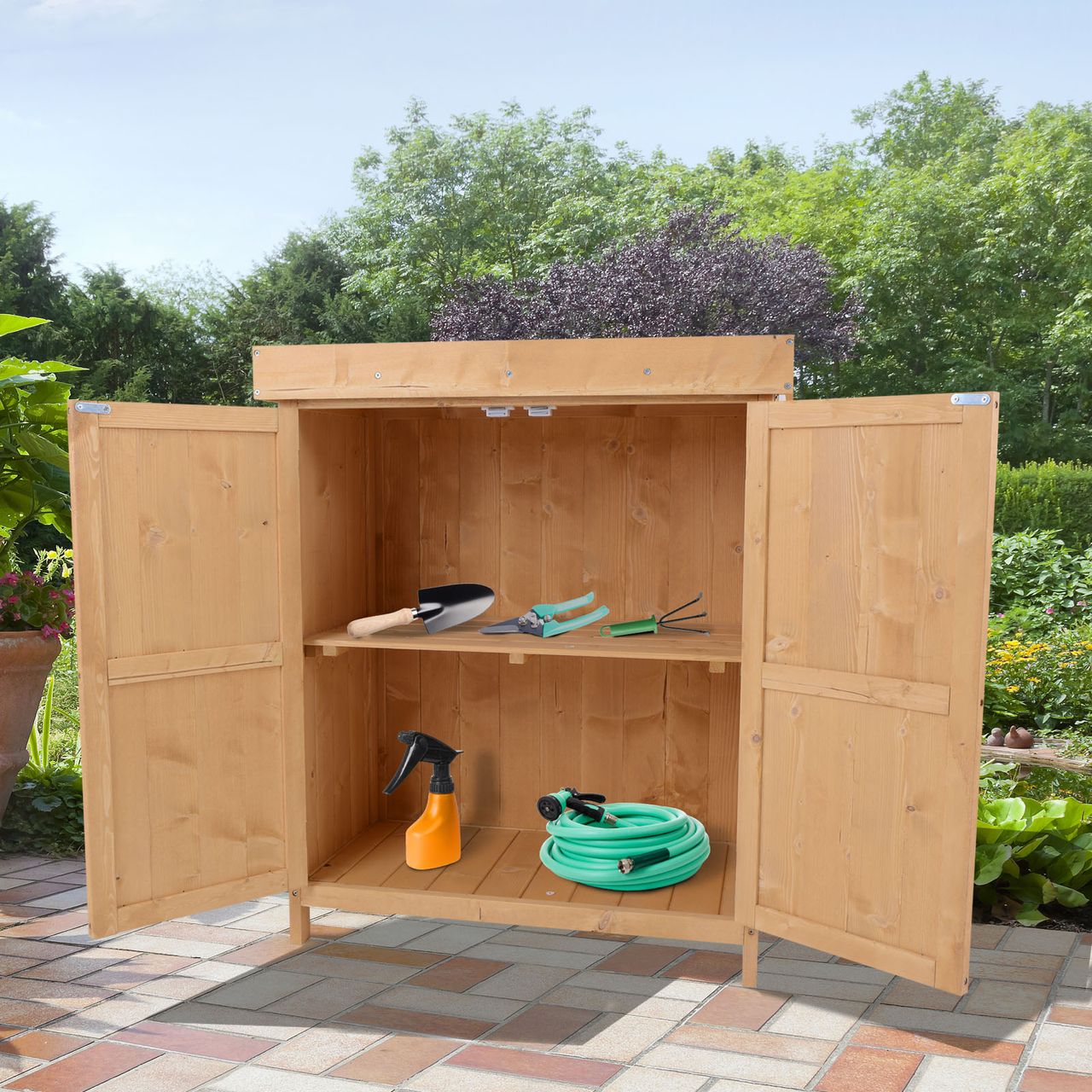 Outsunny Geräteschrank Geräteschuppen Holzschrank 2 Fächer Tannenholz Natur