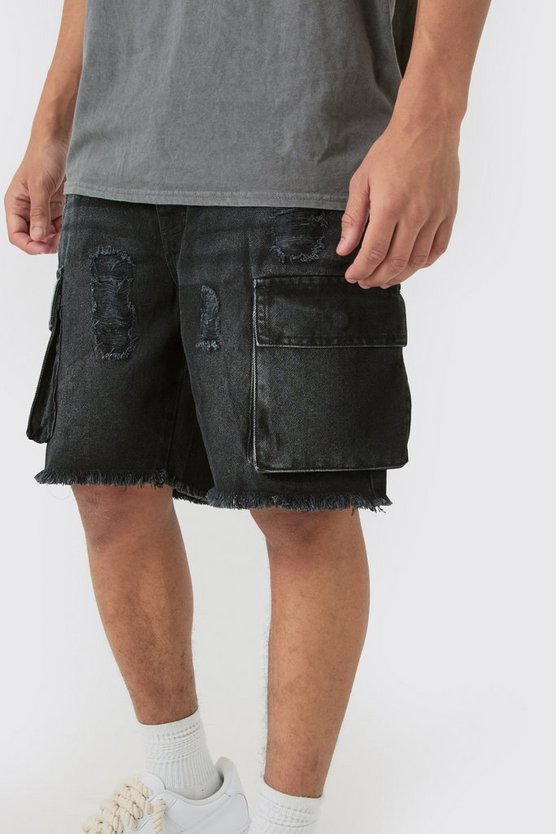 Zerrissene Slim-Fit Jeansshorts mit Cargo-Taschen