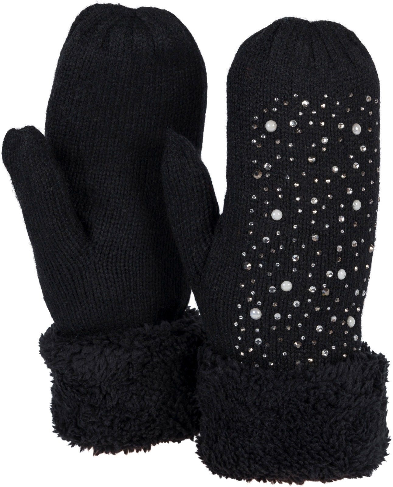 styleBREAKER Fäustlinge Strickhandschuhe Fäustlinge mit Strass und Perlen