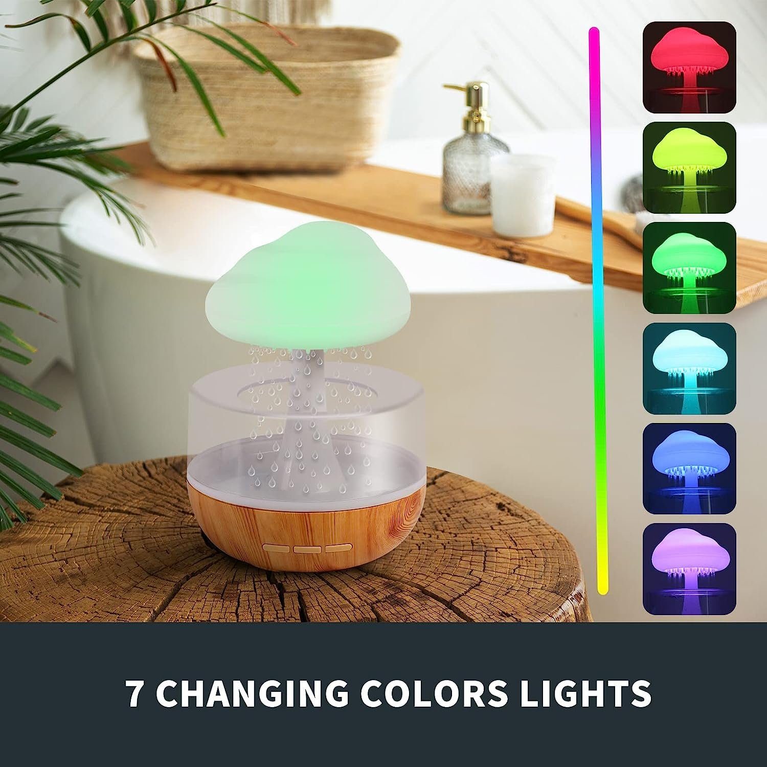 Hikeren Luftbefeuchter Zen Regenwolken-Nachtlicht, Aromatherapie Luftbefeuchter, 0,26 l Wassertank, 7 Lichtfarben, 3 Regentropfengeschwindigkeiten