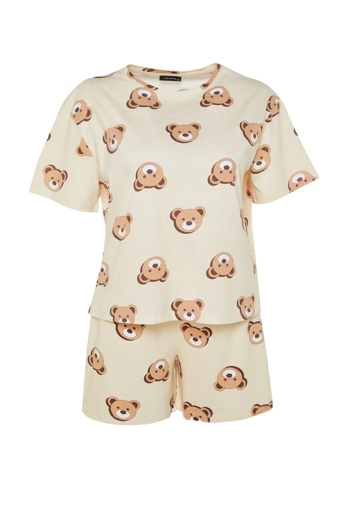 Trendyol Curve  Ecrufarbenes Pyjama-Set aus Baumwollstrick mit Teddybär-Aufdruck TBBSS23AI00022
