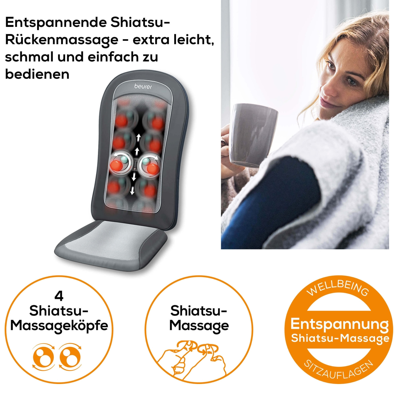 Beurer MG 206 Shiatsu-Sitzauflage-Sitzauflage für Rückenmassage mit 4 Massageknöpfen, Licht & Wärmefunktion