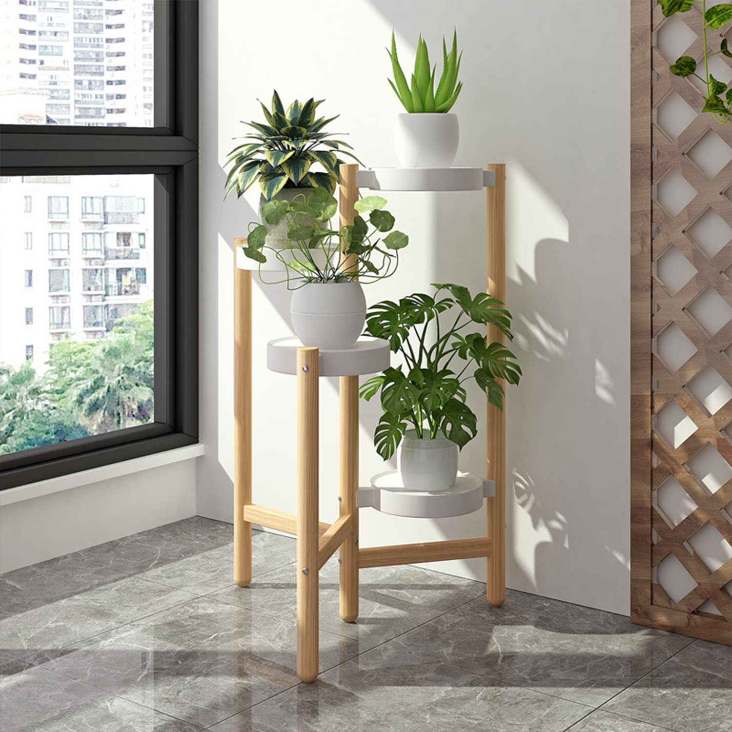 Kpaloft Blumenständer Holz 4 Ebenen Pflanzenregal rund, 78cm Höhe, 18 cm breite PP-Schale, Blumenhocker für den Garten, Wohnzimmer, Schlafzimmer, Terrasse