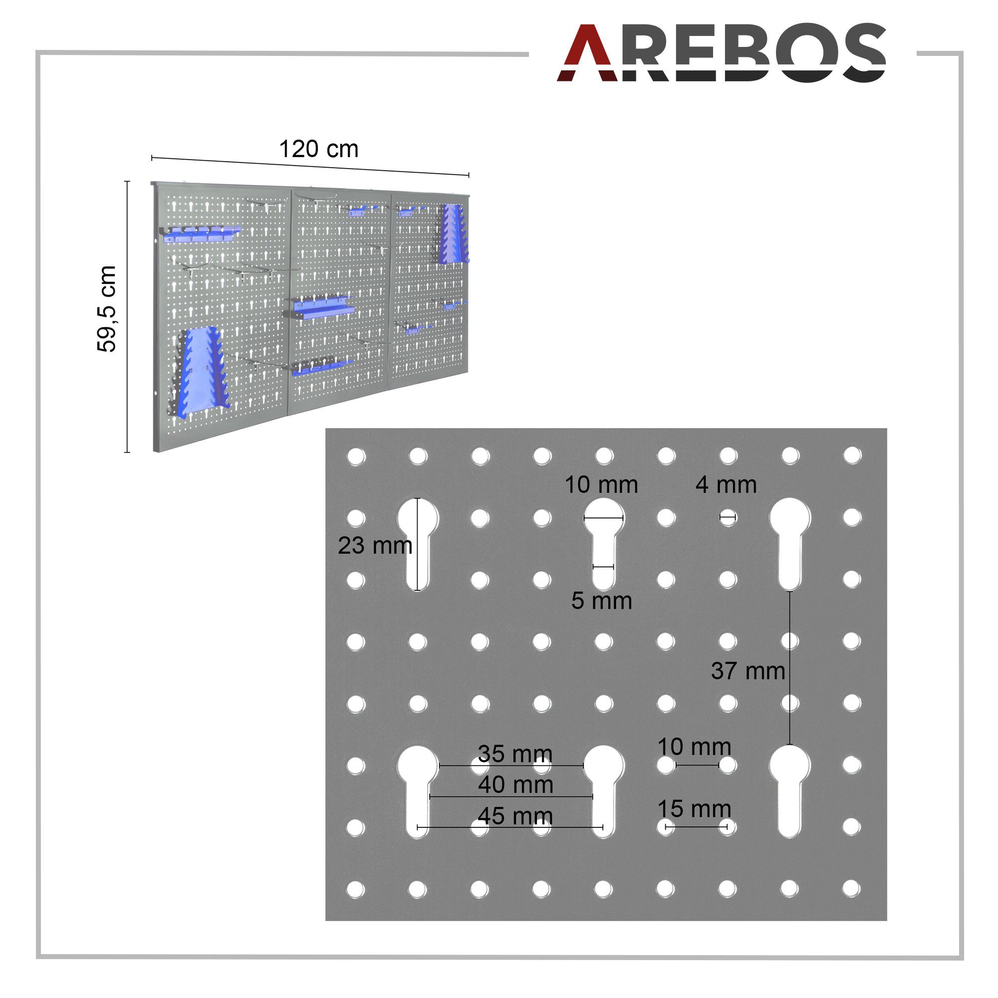 Arebos Lochwand Werkzeugwand dreiteilig, 17-teiliges Hakenset Rot/Blau, 3 Stk., mit 17 Haken, (Set)