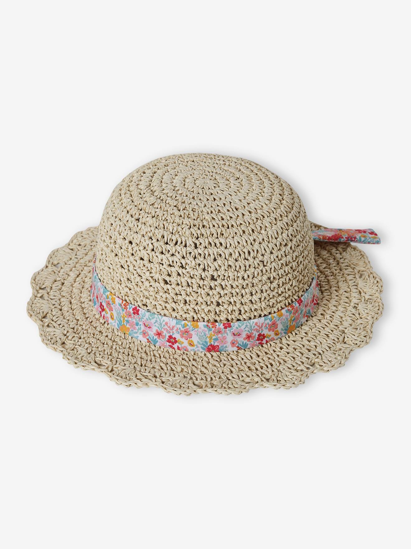 Chapeau aspect paille effet crochet avec ruban imprimé fille sable