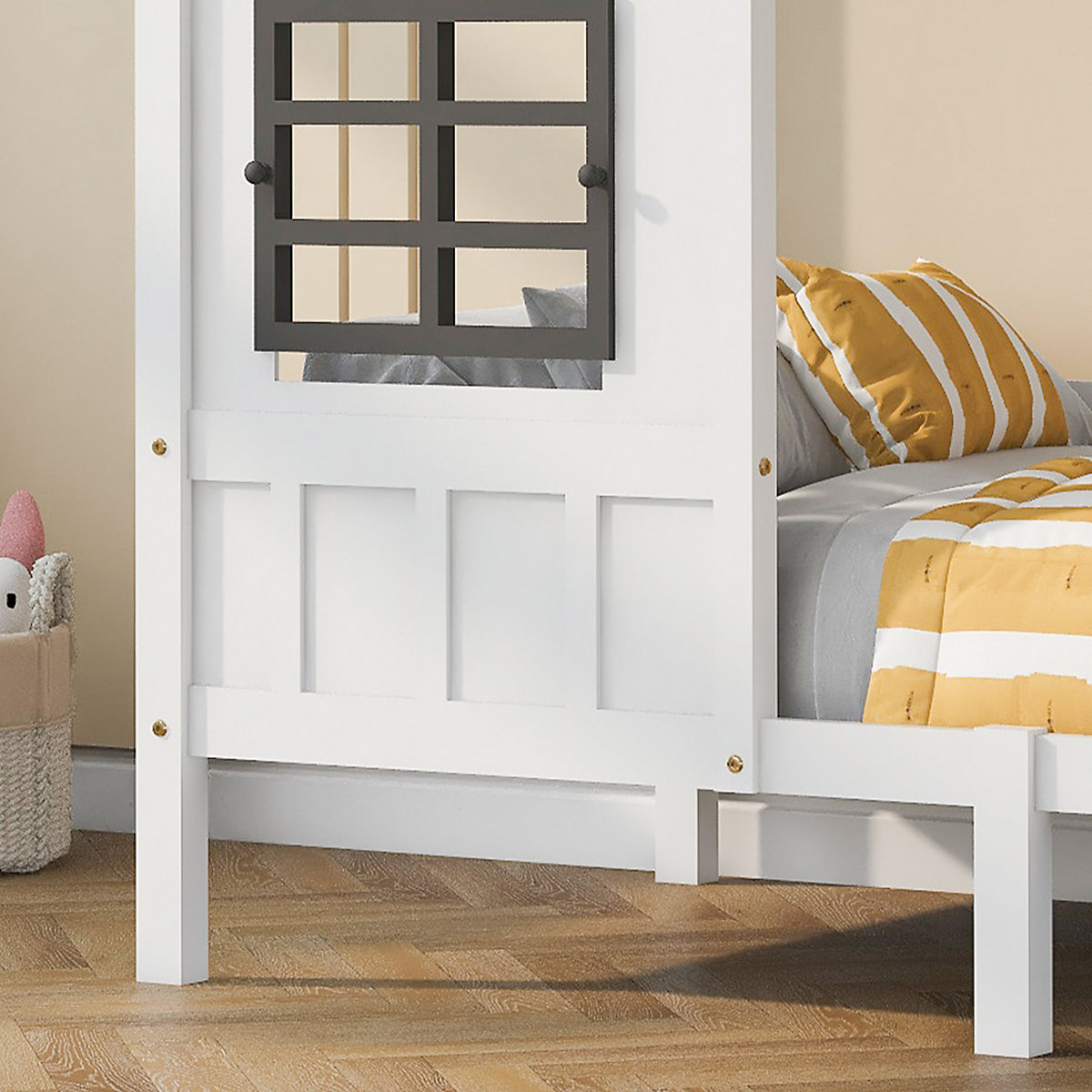 Hausbett 90x200 cm mit Rausfallschutz und Fenstern, Kinderbett Kiefer
