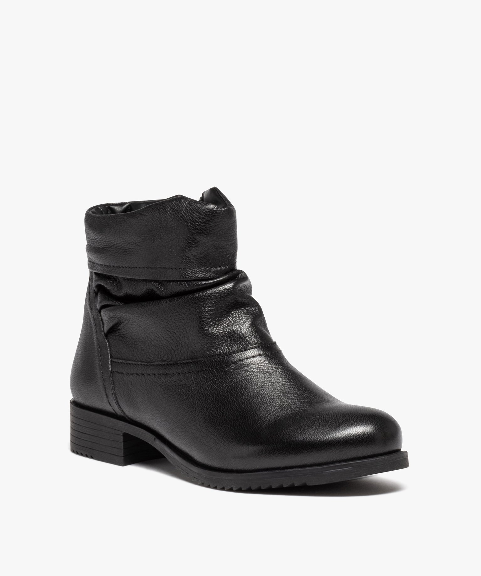 Boots femme confort dessus en cuir uni et plissé noir | GEMO