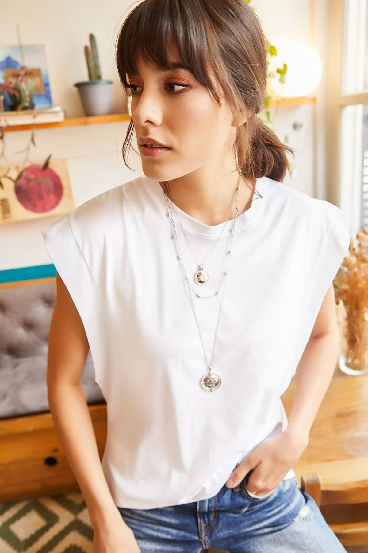 Olalook  Weißes Fledermaus-T-Shirt mit Unterarmteil für Damen TSH-19000330
