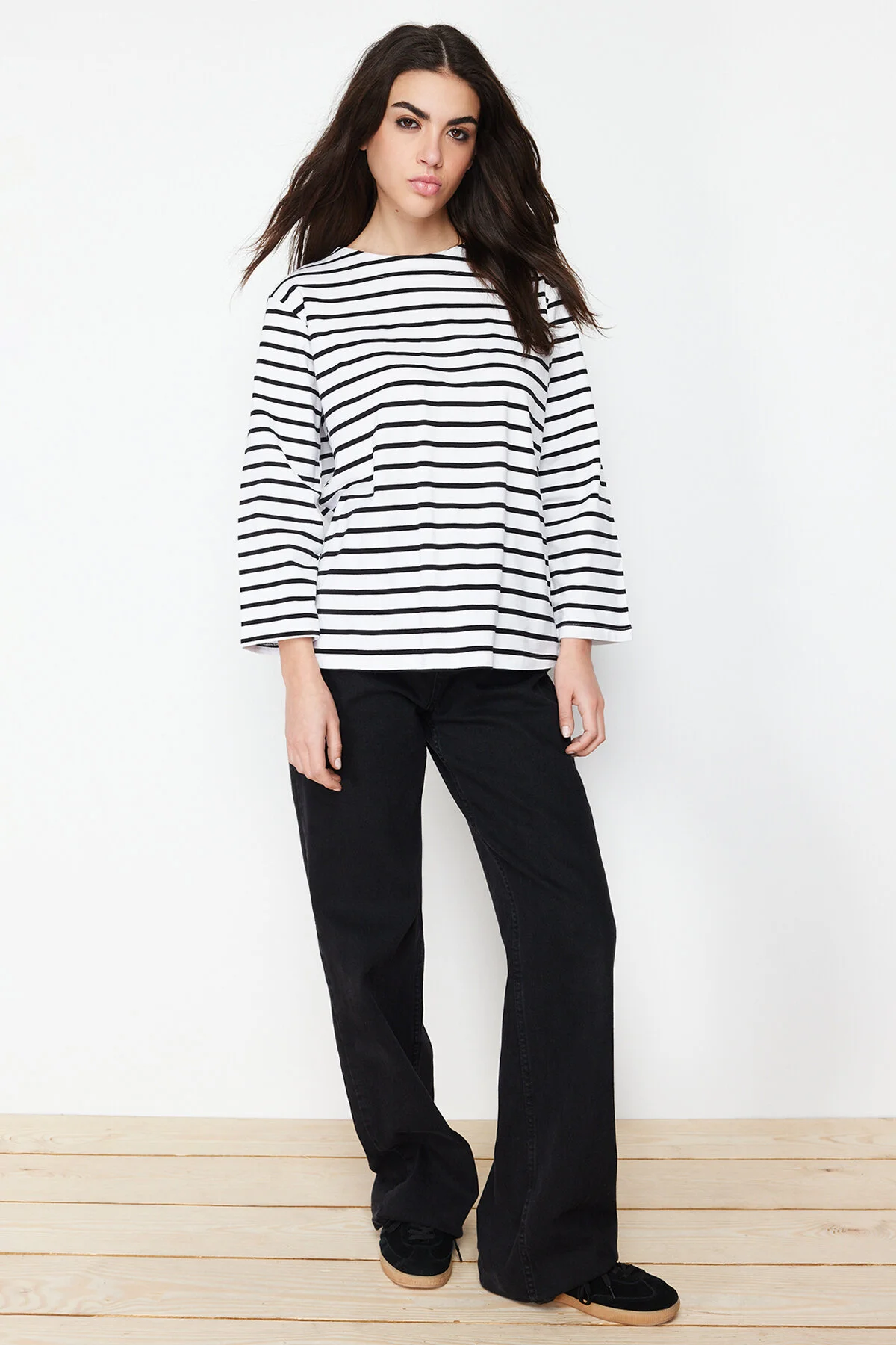 Trendyol Modest  Ecru-normale gestreifte Stricktunika aus Single-Jersey-Baumwolle und Lycra TCTSS24UK00029