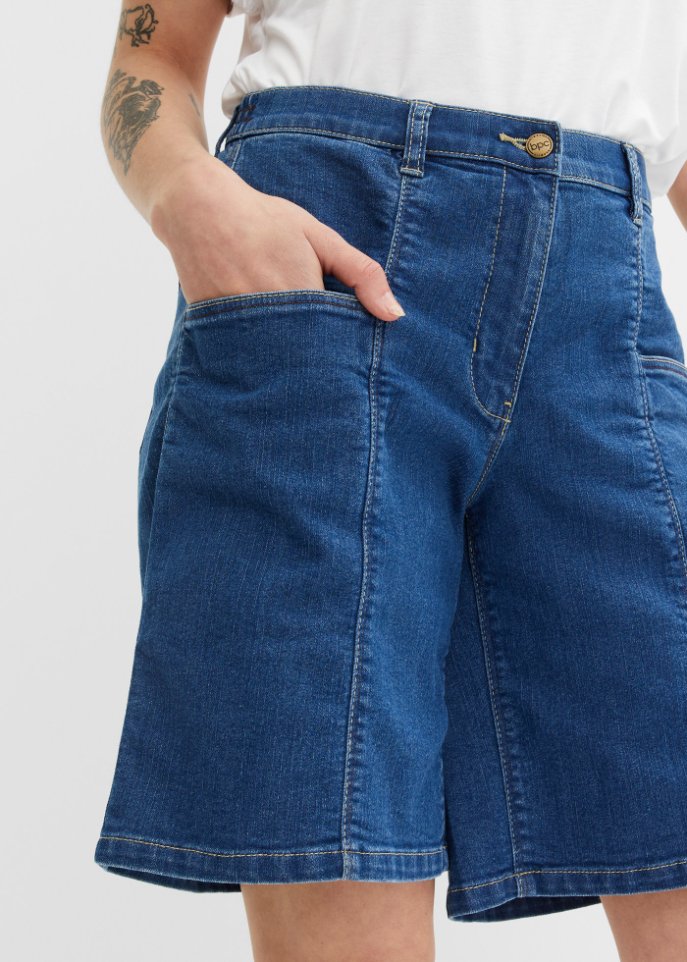 High-Waist-Jeans-Bermuda mit großen Taschen und Bequembund
