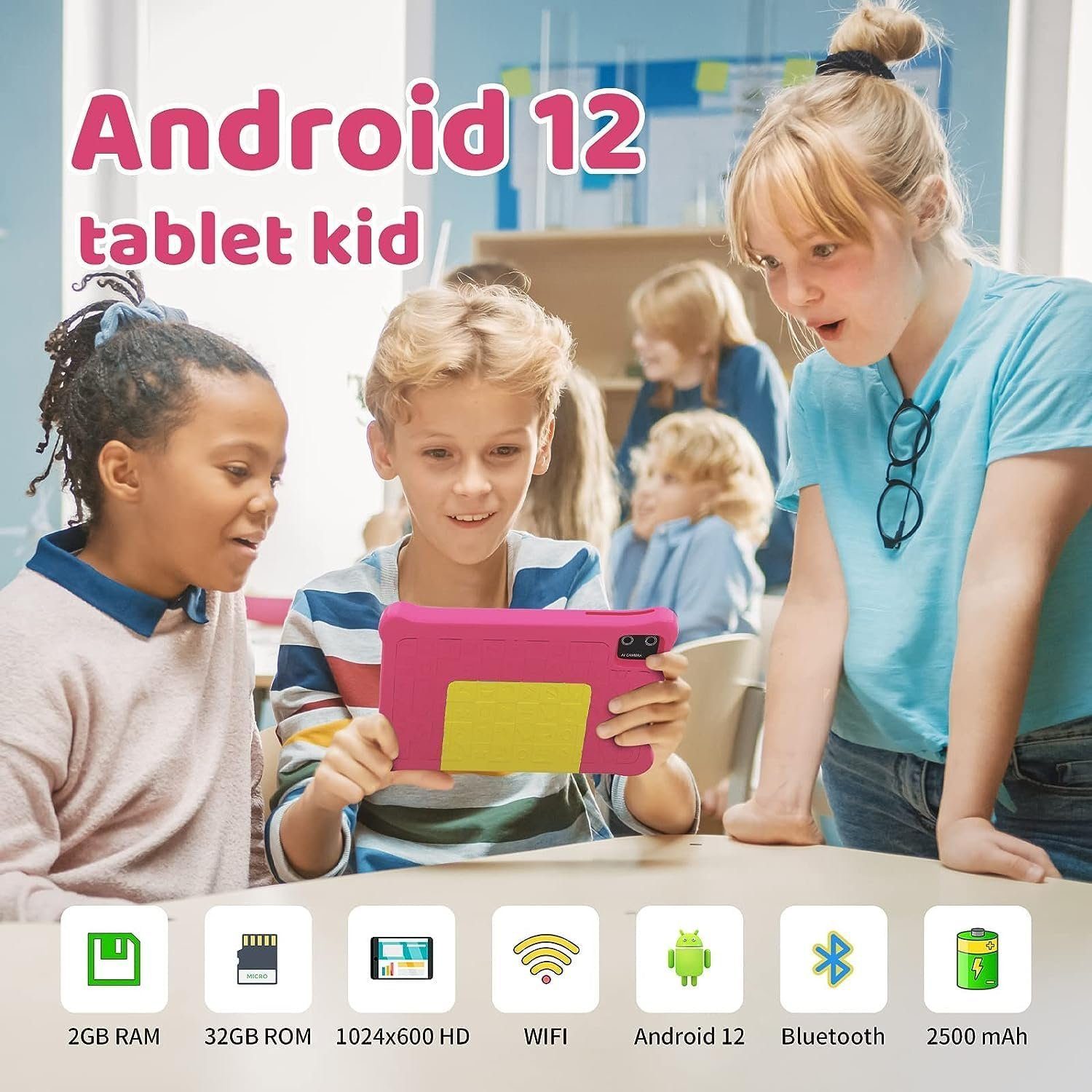 Fullant Tablet (32 GB, Android 12, Vorinstalliertes Kidoz, 2GB RAM+32GB ROM Quad-Core, WiFi Doppelkamera)