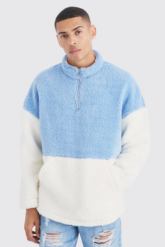 Oversize Borg Colorblock Sweatshirt mit 1/4 Reißverschluss