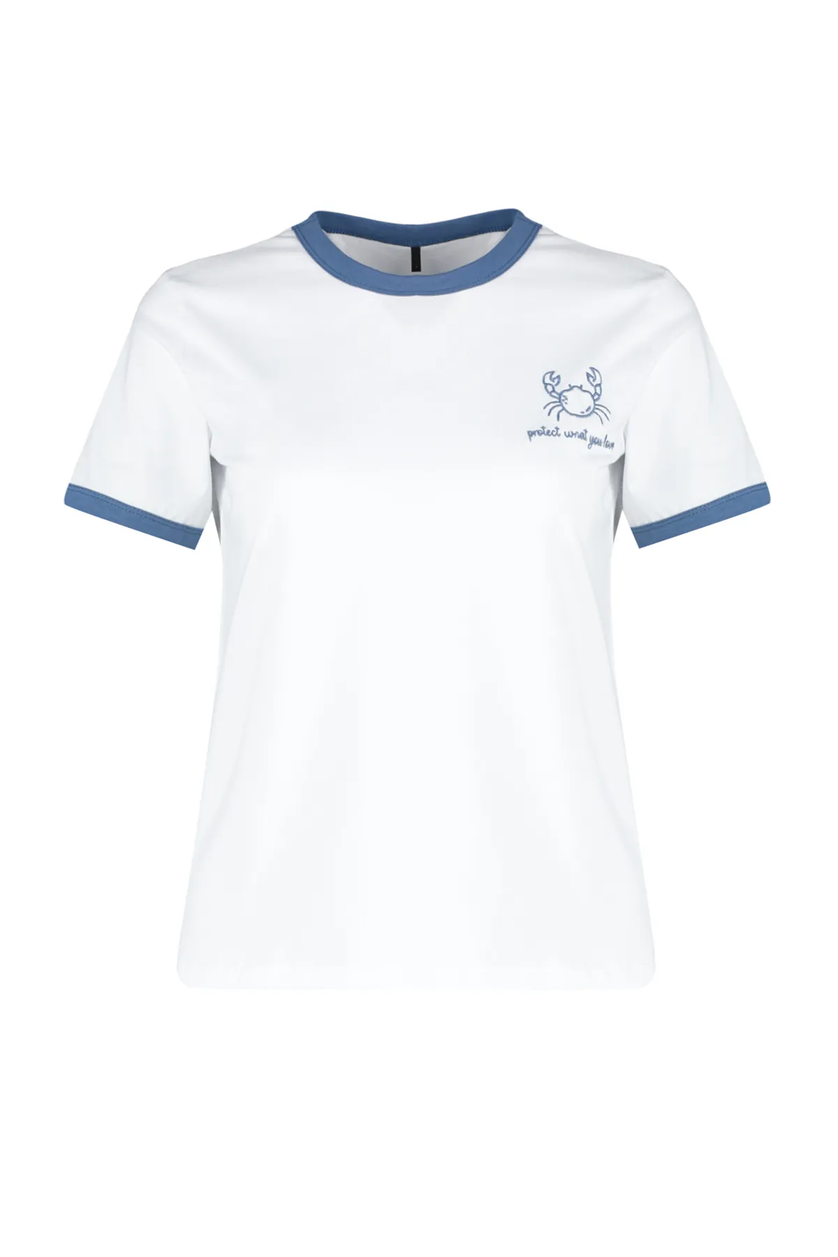 Trendyol Collection  Ecrufarbenes Strick-T-Shirt aus 100 % Baumwolle mit bestickten Kontrastpaspeln TWOSS24TS00037