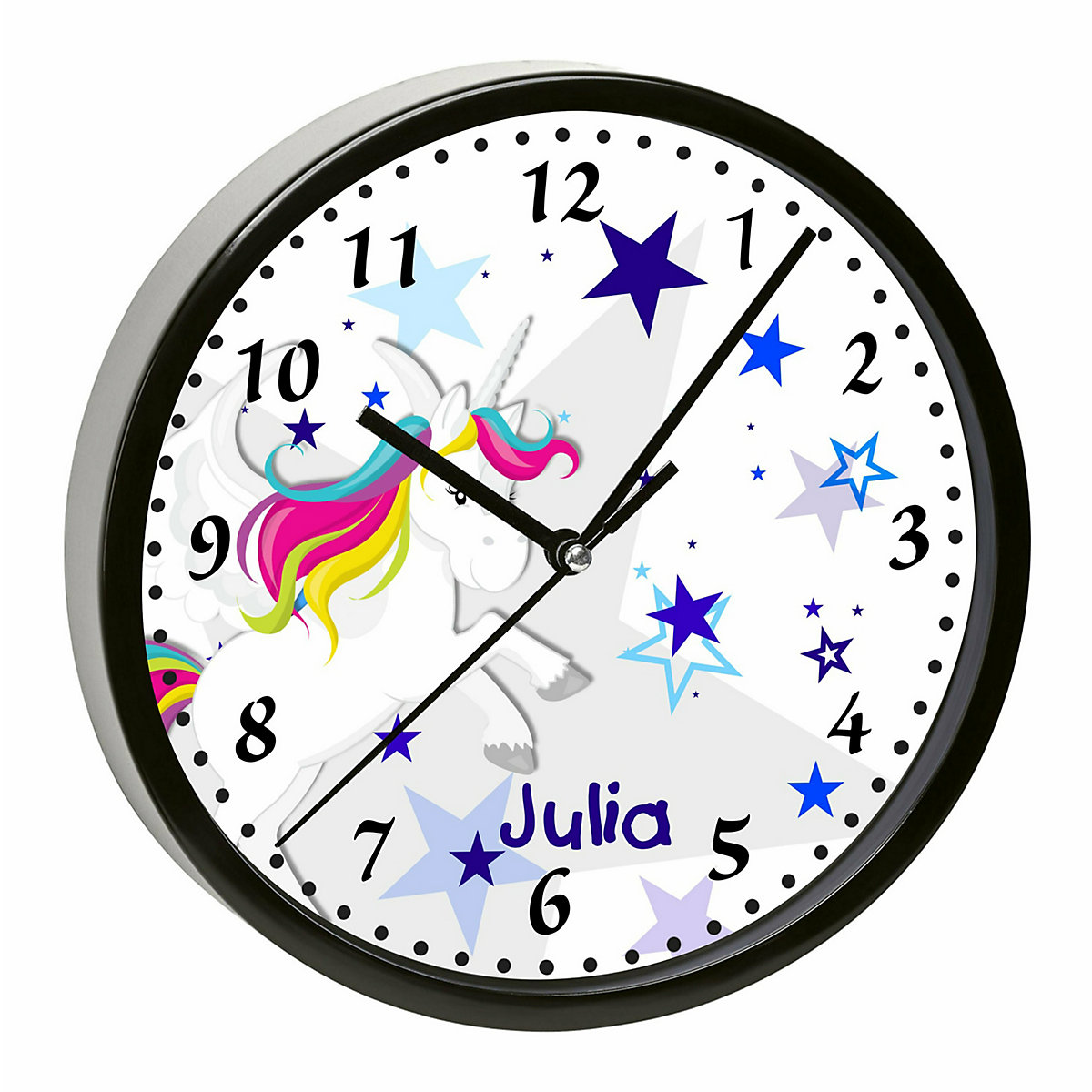 Kinder Wanduhr personalisiert mit Name Pegasus Sterne Blau