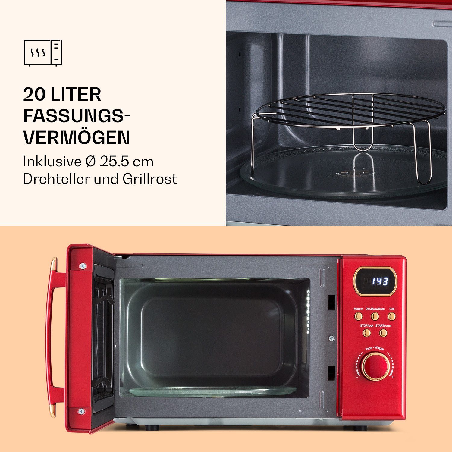 Klarstein Mikrowelle Julieta Mikrowelle mit Grill 20l 700 / 800 W Ø25,5cm 8 Programme, Mikrowelle; Grill, 20 l
