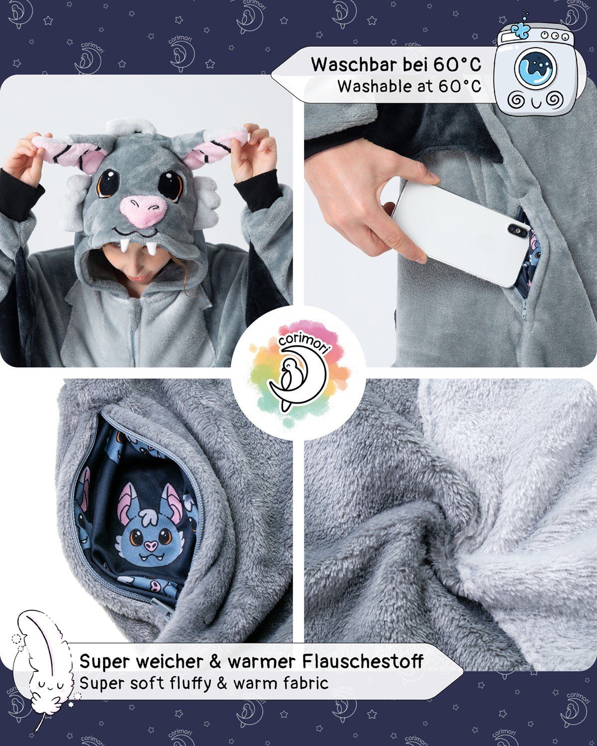 Corimori Jumpsuit Flauschiges Fledermaus-Kostüm für Kinder (2-tlg) mit Haarreif, Halloween, Fasching, Verkleidung, Vampir-Fledermaus
