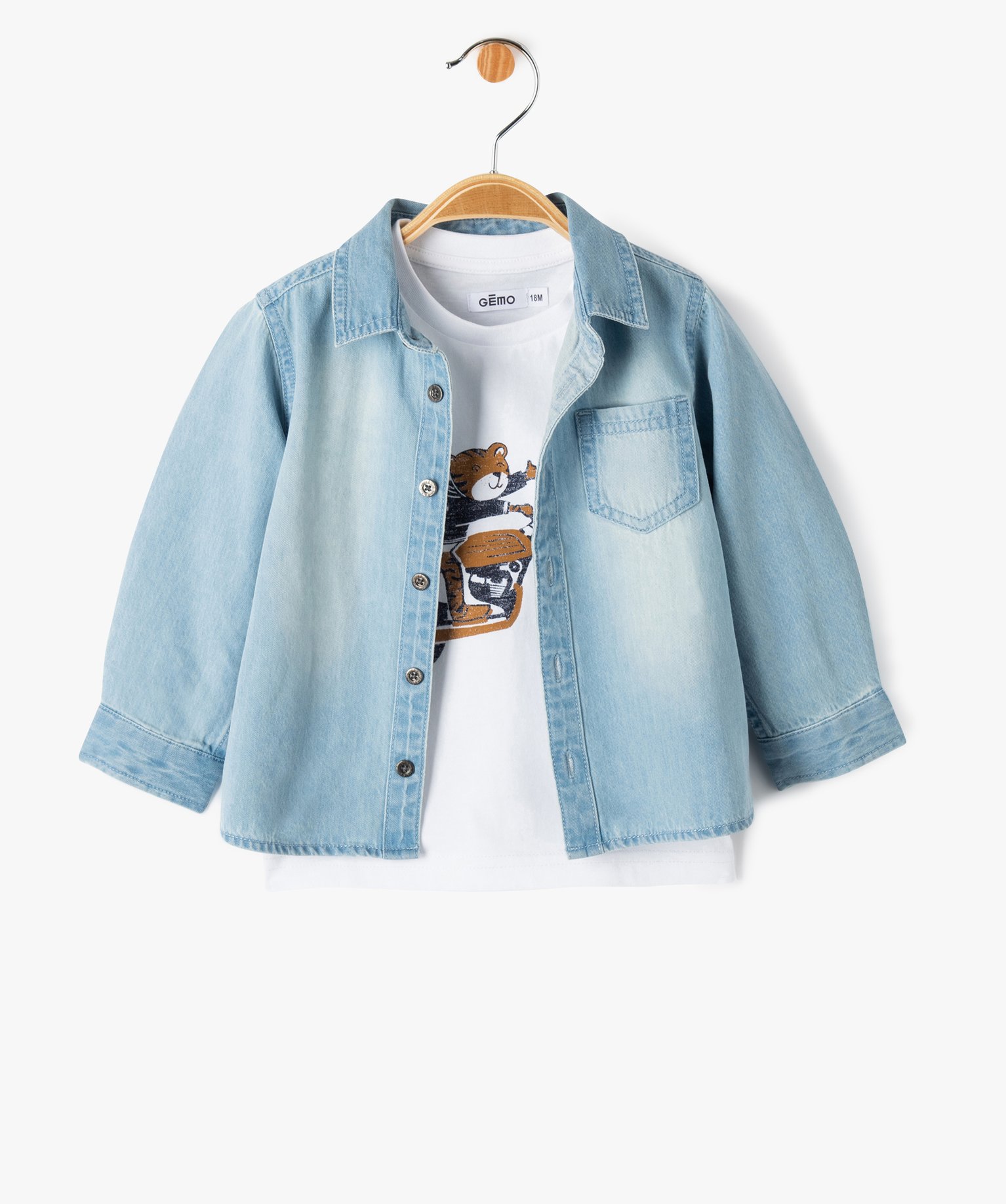 Ensemble 2 pièces : chemise en jean + tee-shirt manches lon... denim | GEMO