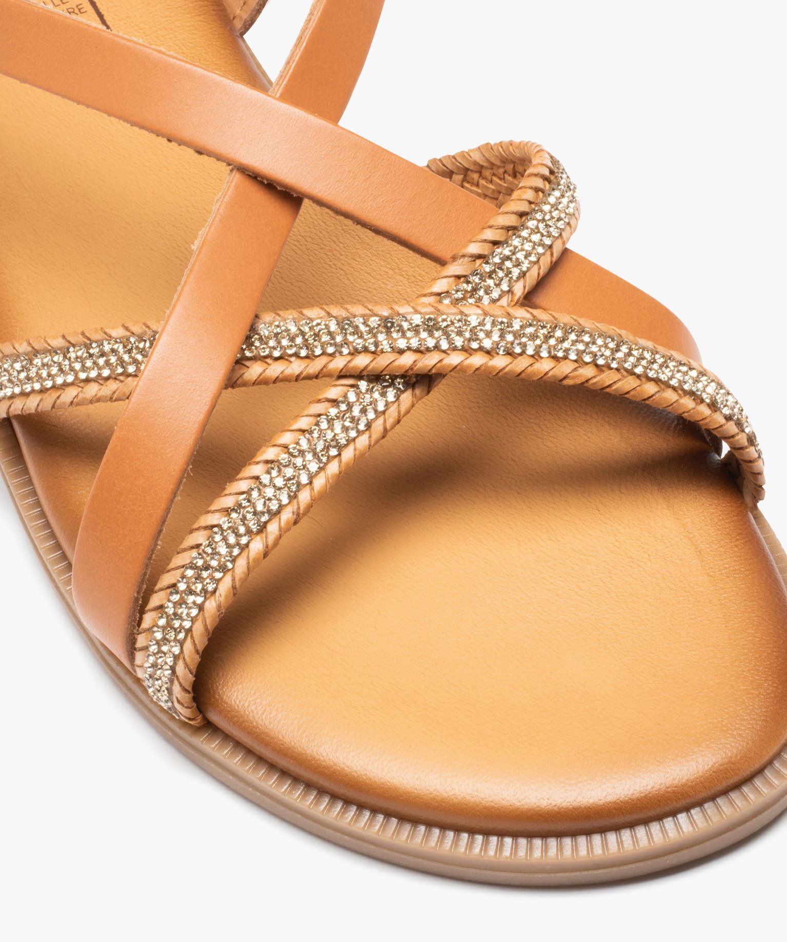 Sandales femme unies en cuir et à strass camel | GEMO