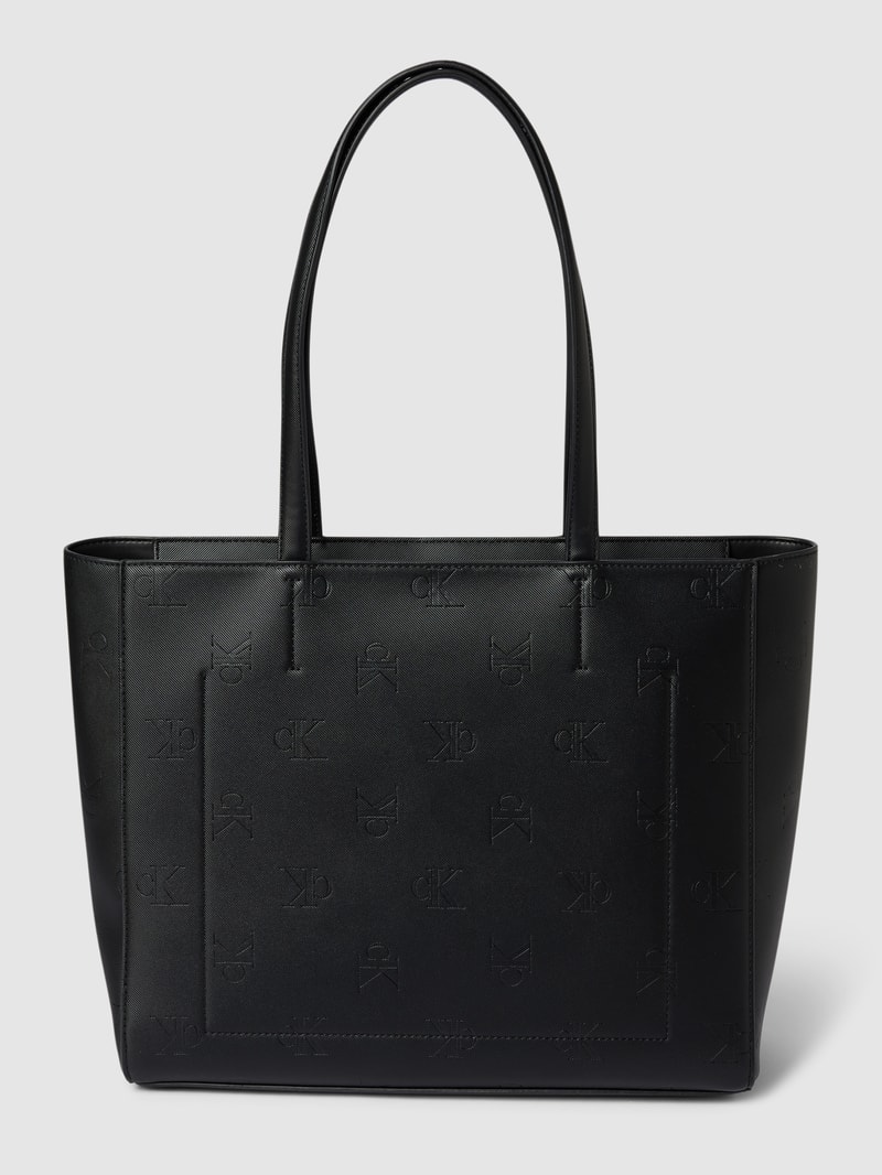 Handtasche mit Allover-Label-Prägung Modell 'SLEEK' in schwarz
