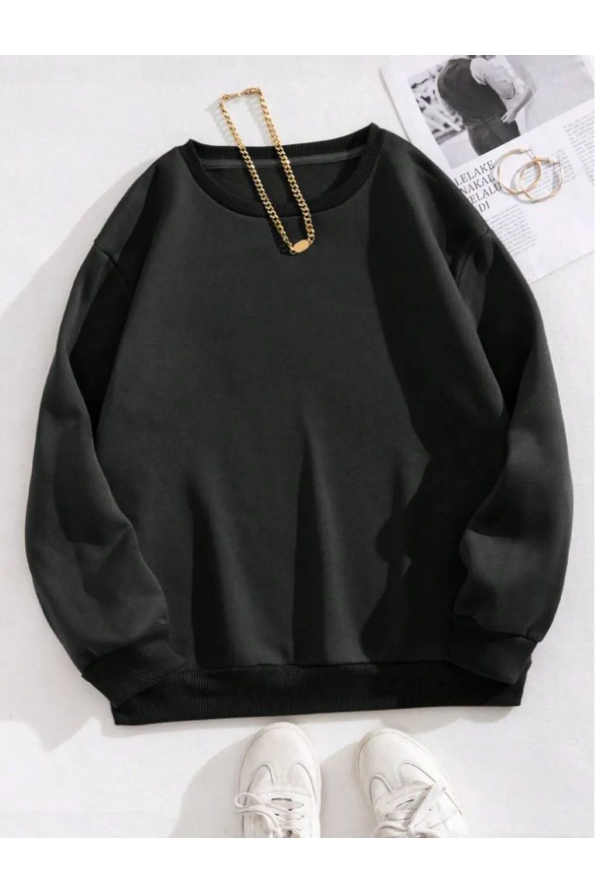 Know  Schwarzes, einfarbiges Damen-Sweatshirt mit Rundhalsausschnitt